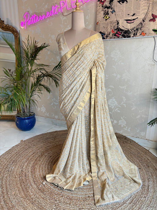 Golden Pure Tissue Chikankari Saree