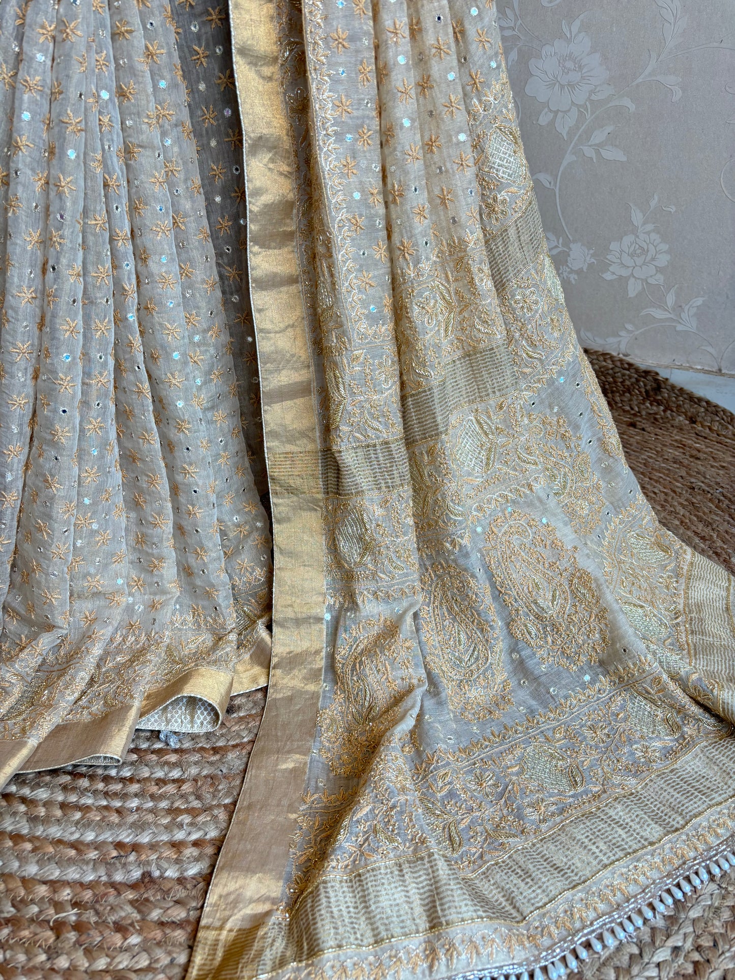 Golden Pure Tissue Chikankari Saree