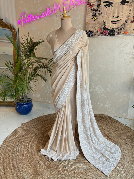 Apricot Pure Georgette Chikankari Saree