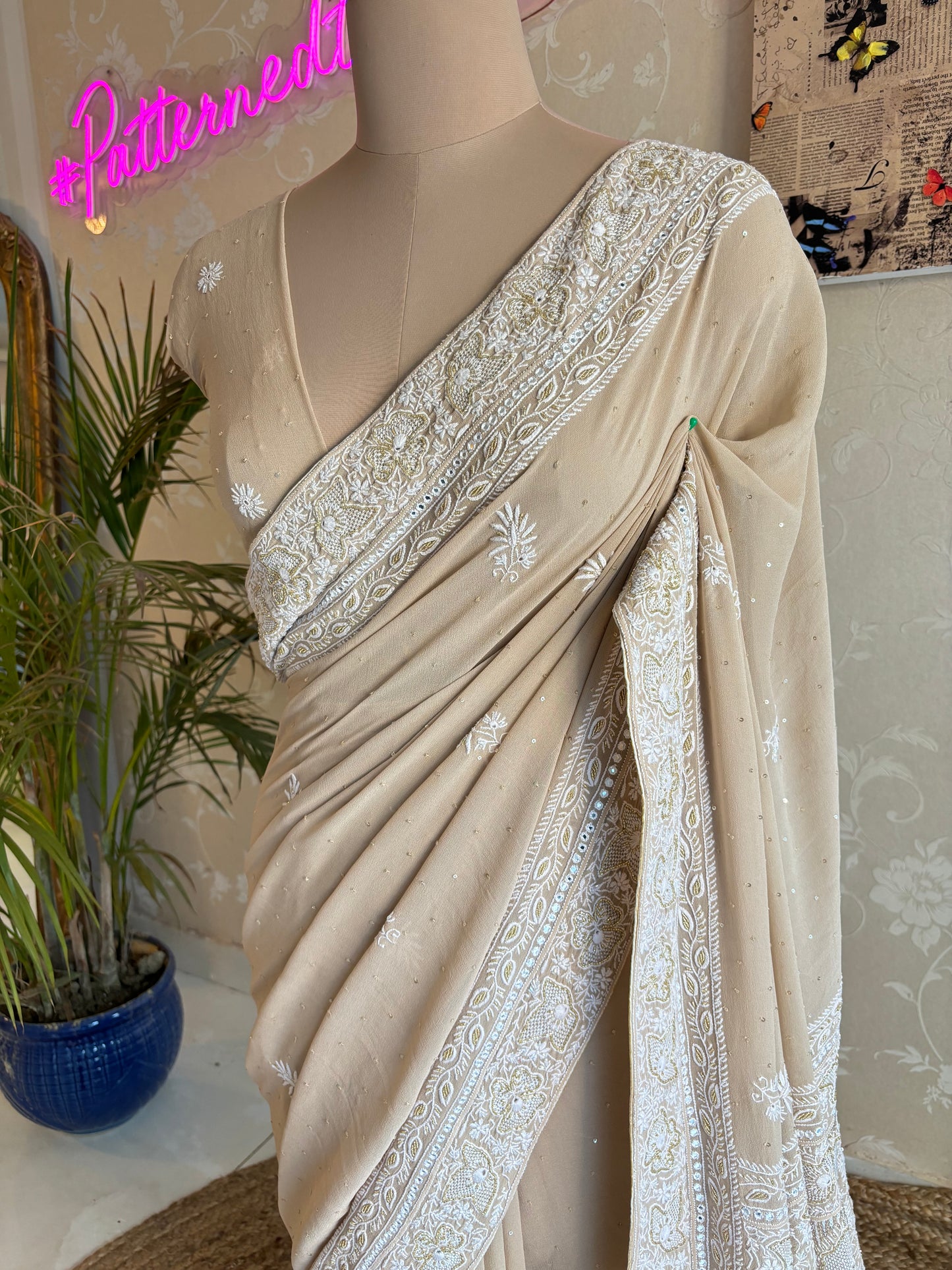 Apricot Pure Georgette Chikankari Saree