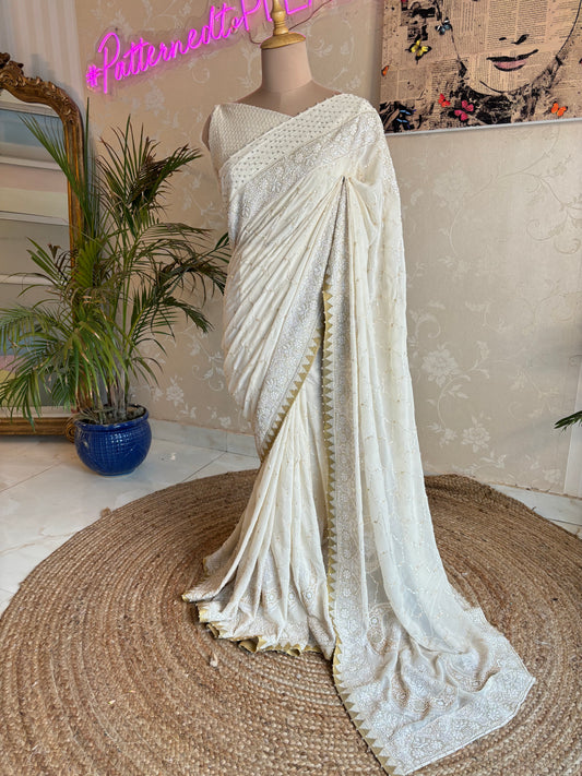 Ivory Pure Georgette Chikankari Saree