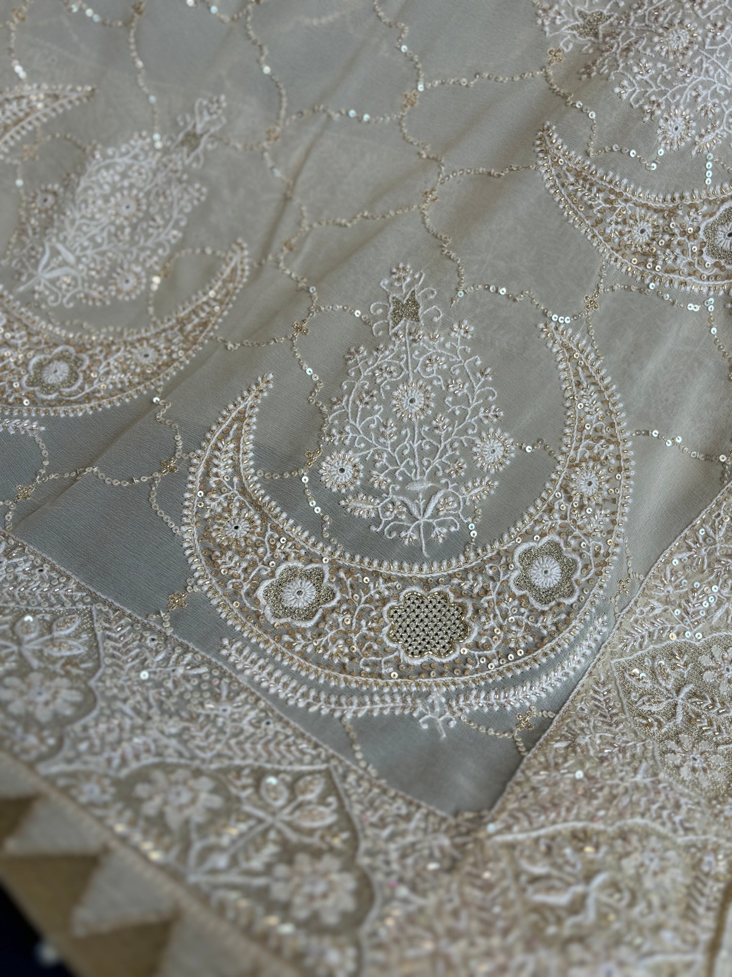 Ivory Pure Georgette Chikankari Saree