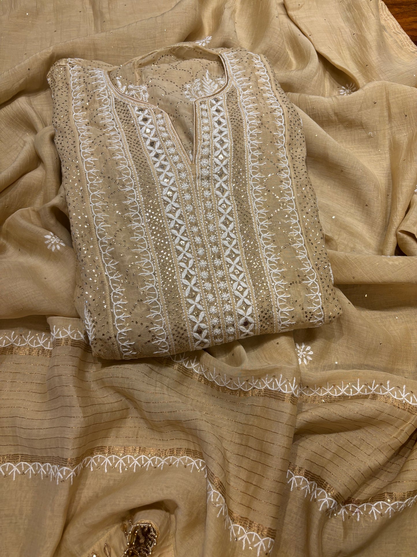 Peanut Brown Chanderi Mul Chikankari Anarkali and Dupatta