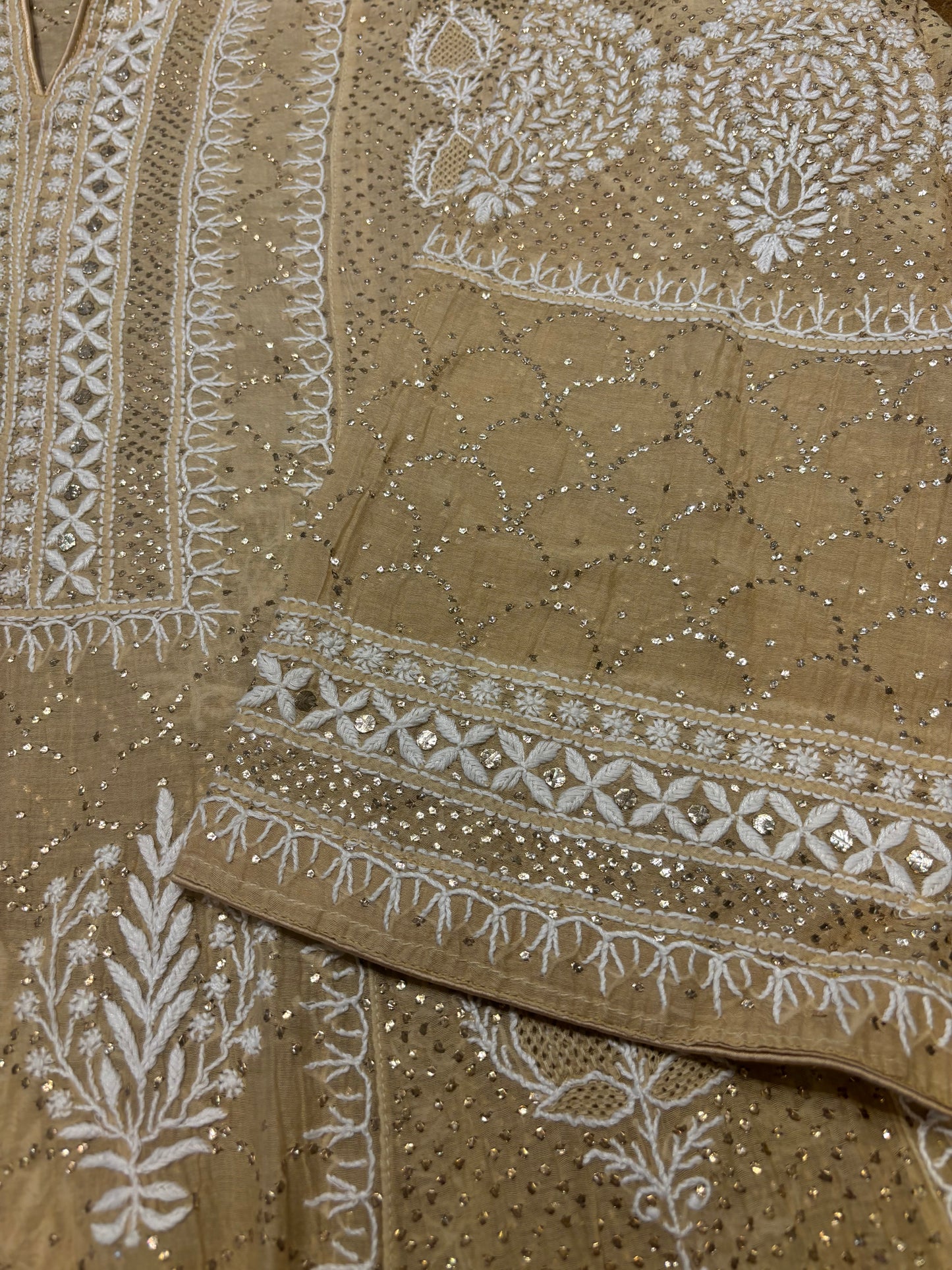 Peanut Brown Chanderi Mul Chikankari Anarkali and Dupatta