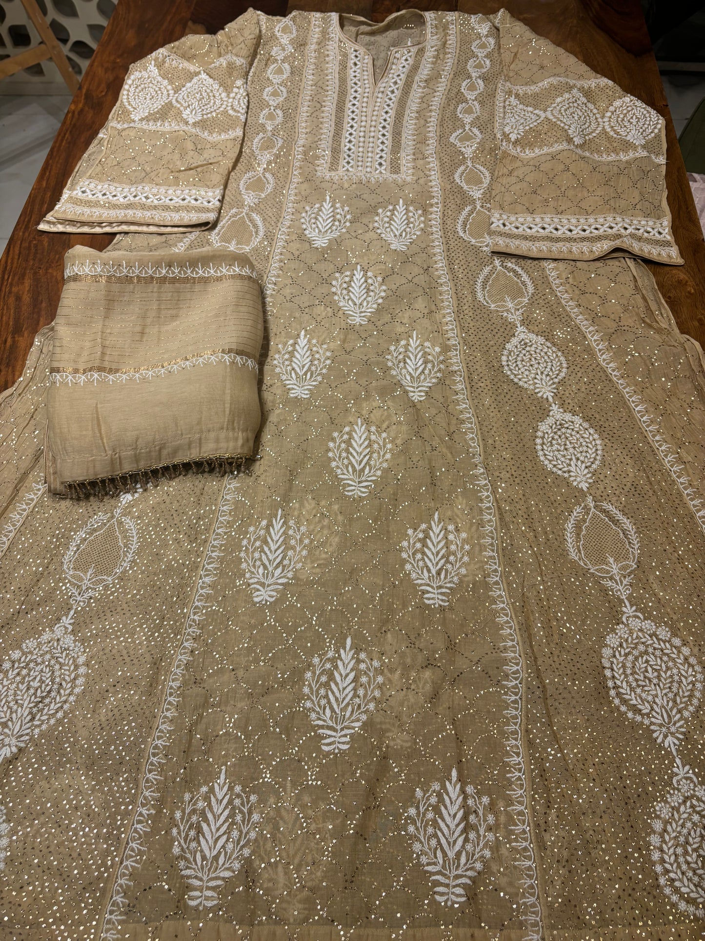 Peanut Brown Chanderi Mul Chikankari Anarkali and Dupatta