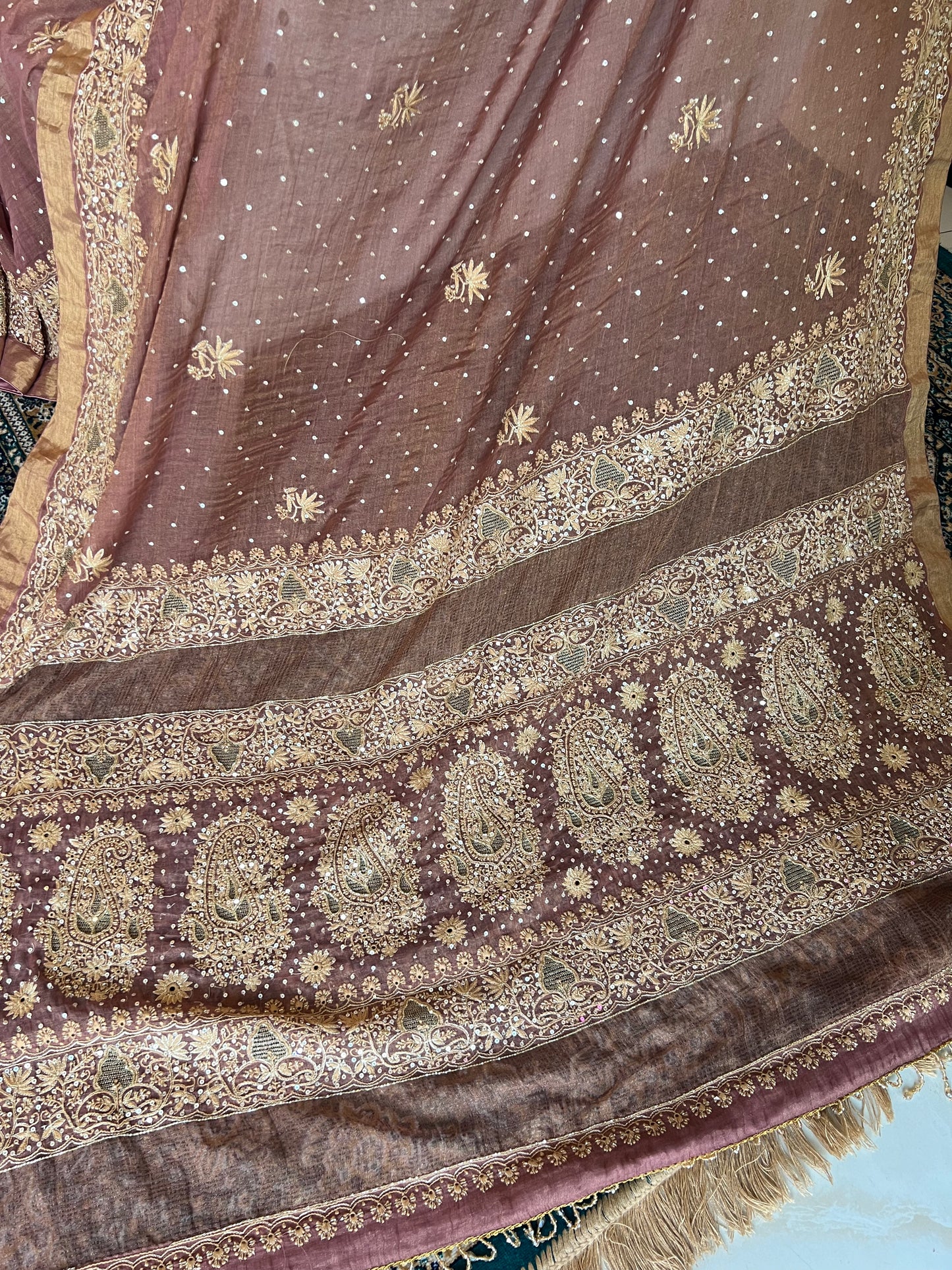 Garnet Pure Tissue Chikankari Saree and Blouse