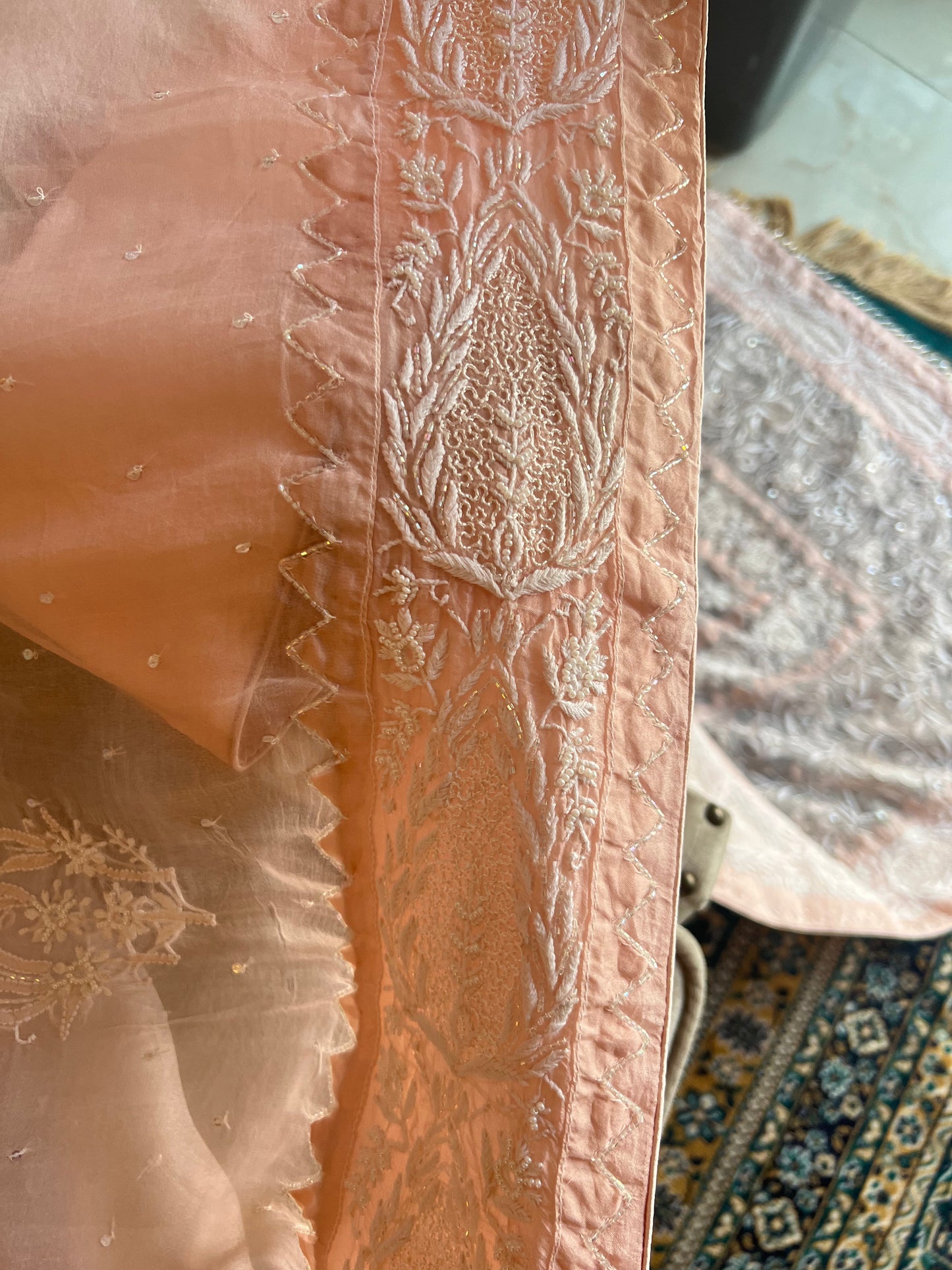 Blush Pink Organza Silk Chikankari Saree and Blouse