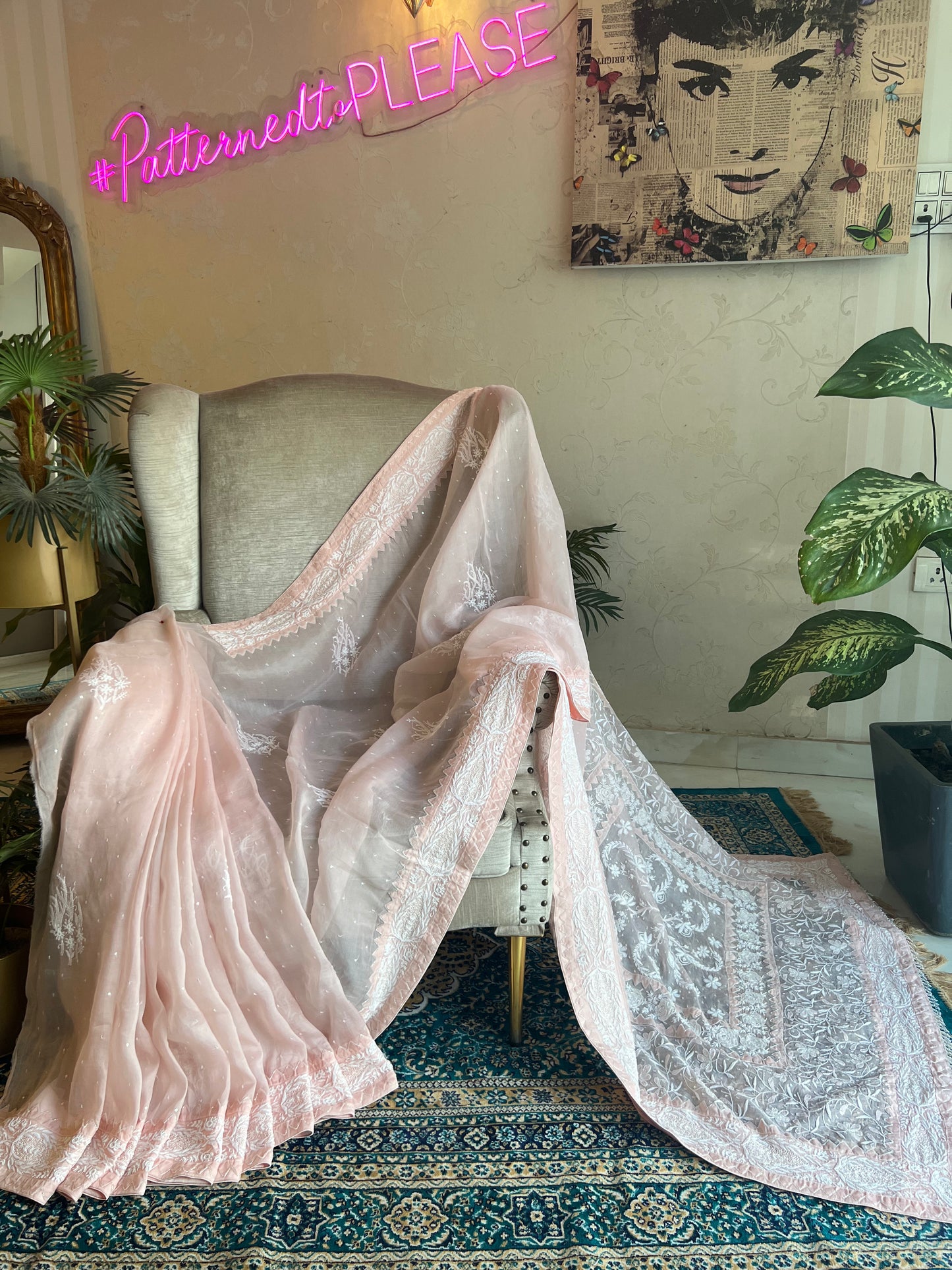 Blush Pink Organza Silk Chikankari Saree and Blouse