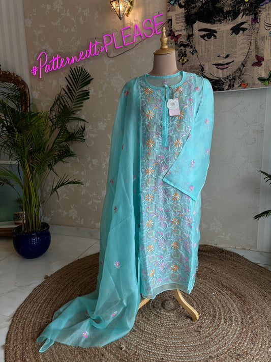 Cadet Blue Chikankari Organza Silk Kurta and Dupatta