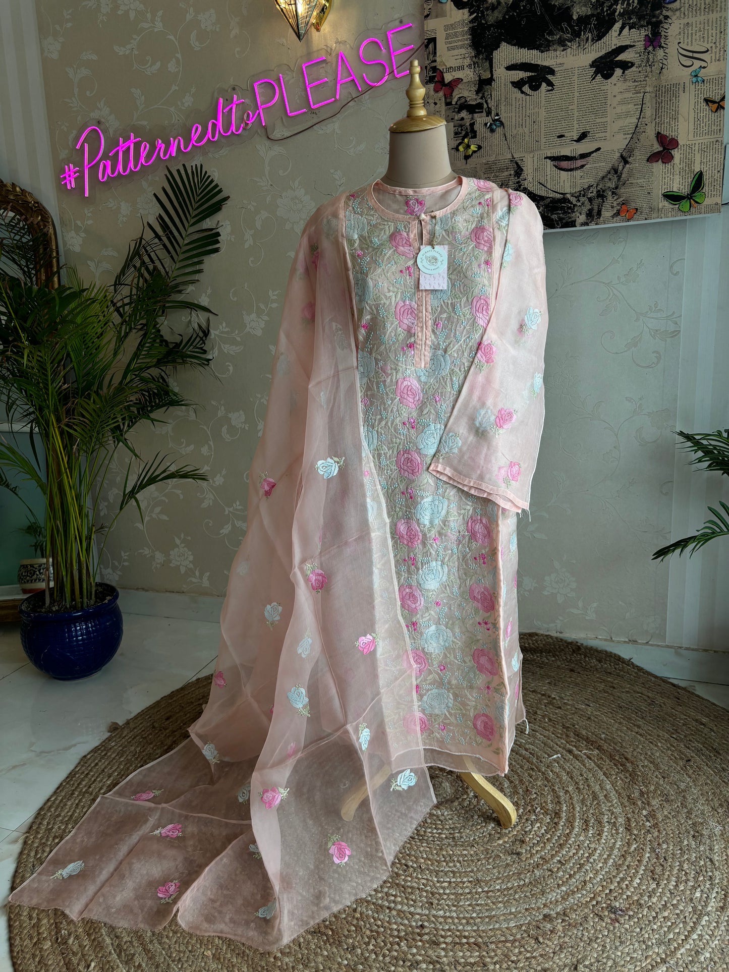 Peach Organza Silk Chikankari Kurta and Dupatta