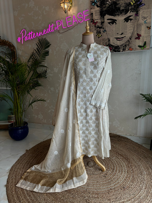 Silver Pure Tissue Chikankari Anarkali and Dupatta