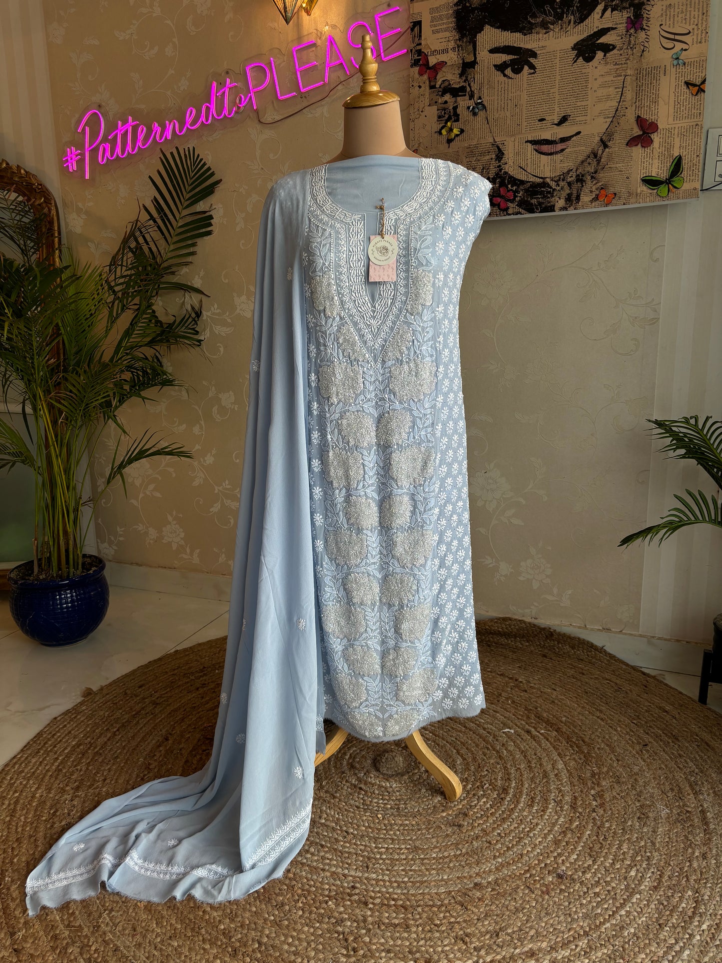 Iceberg Blue Pure Georgette Chikankari Kurta and Dupatta