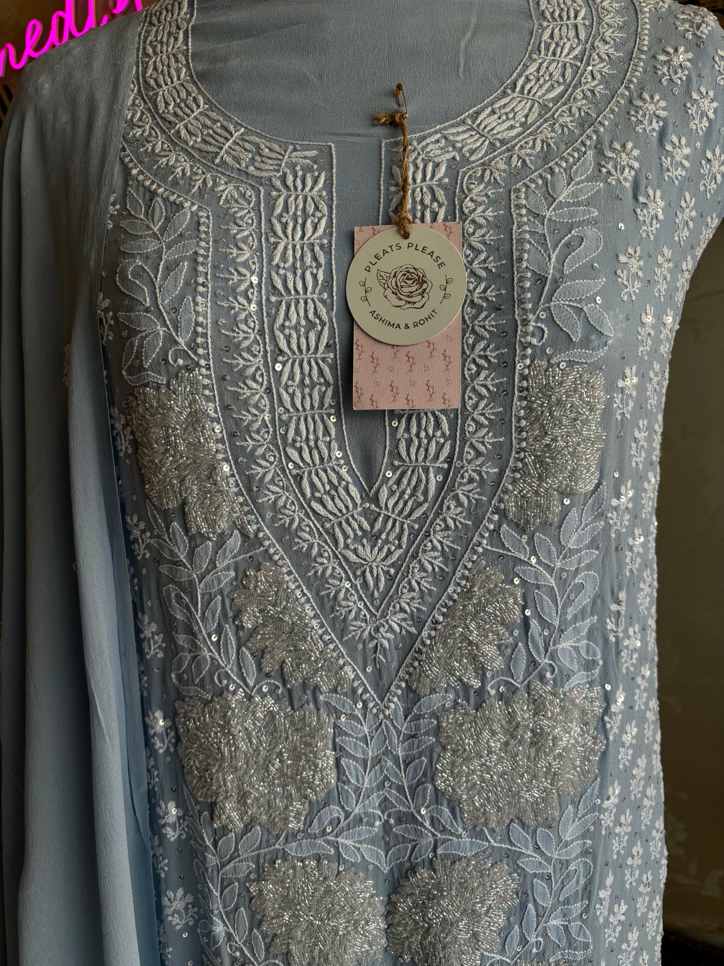 Iceberg Blue Pure Georgette Chikankari Kurta and Dupatta