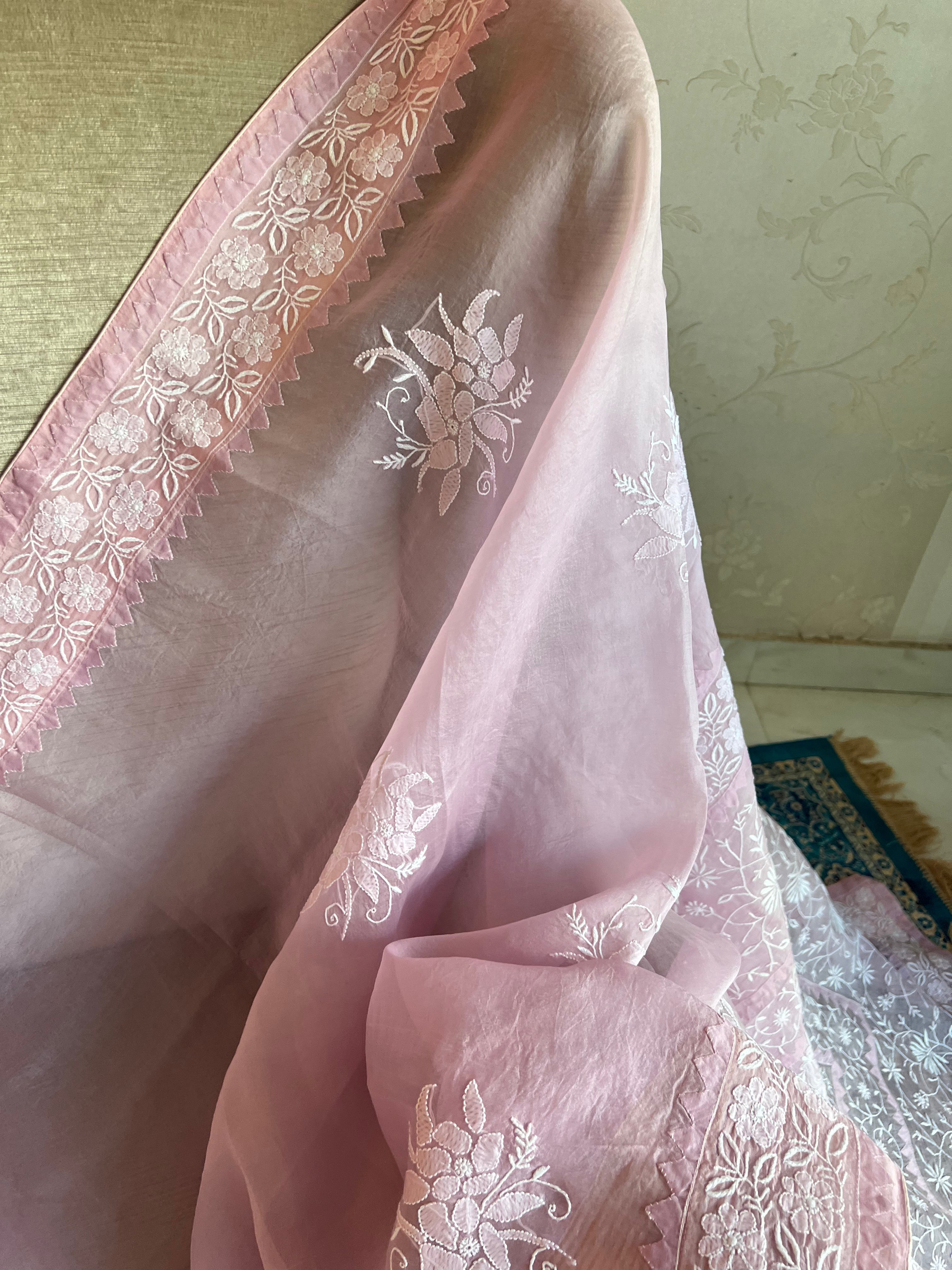 Lavender Organza Silk Chikankari Saree and Blouse