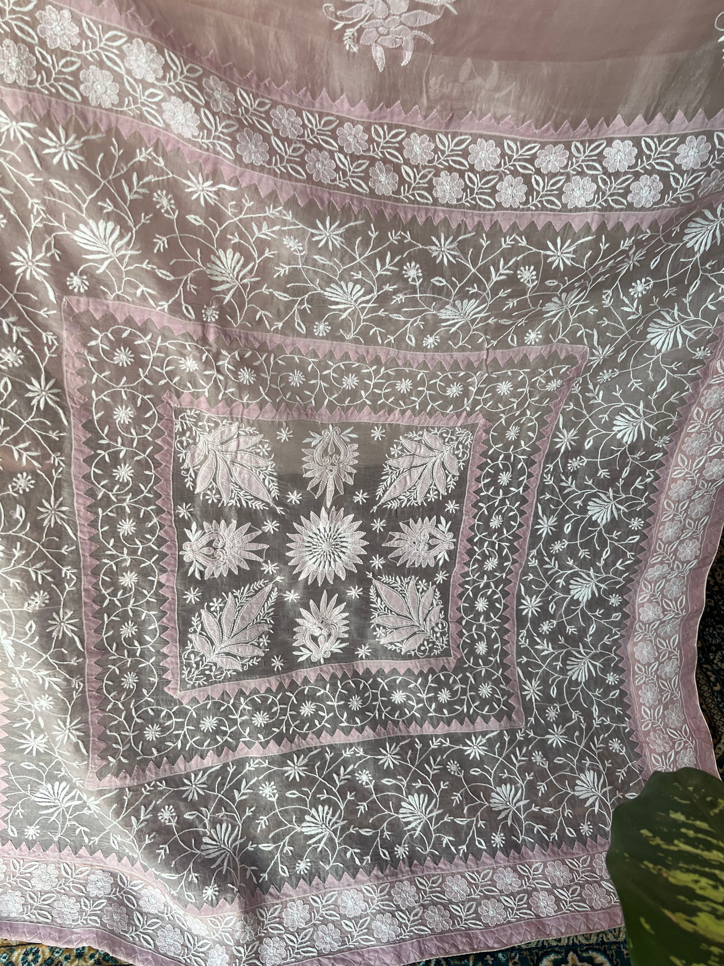 Lavender Organza Silk Chikankari Saree and Blouse