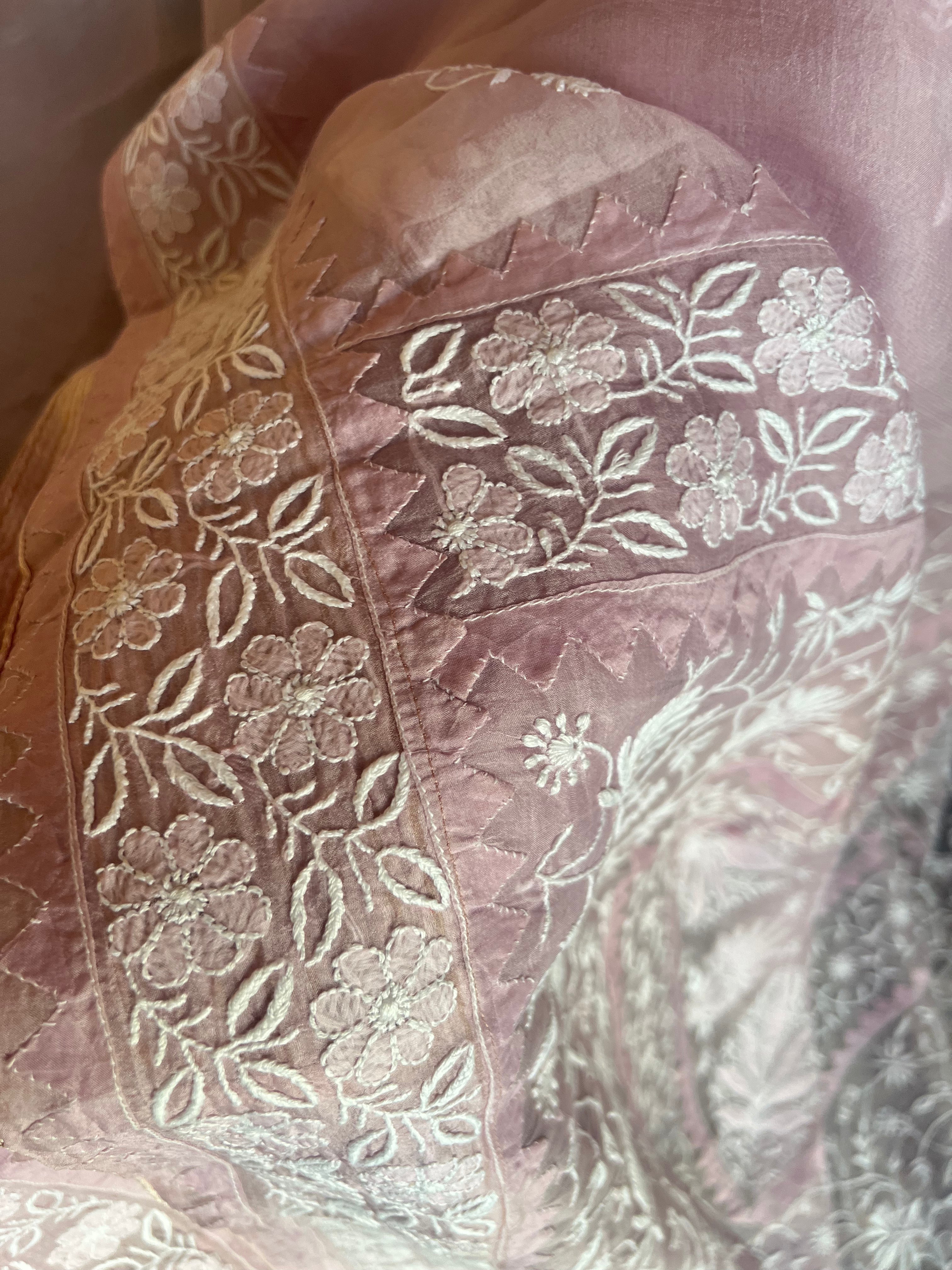 Lavender Organza Silk Chikankari Saree and Blouse