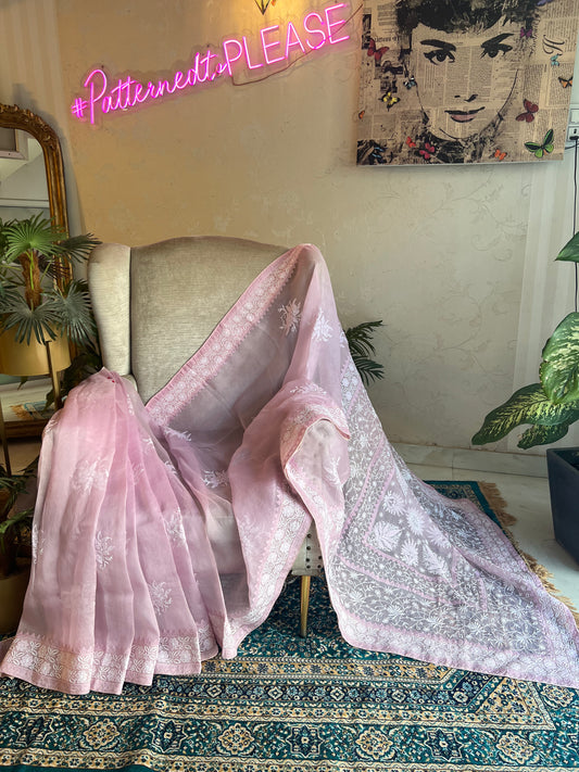 Lavender Organza Silk Chikankari Saree and Blouse