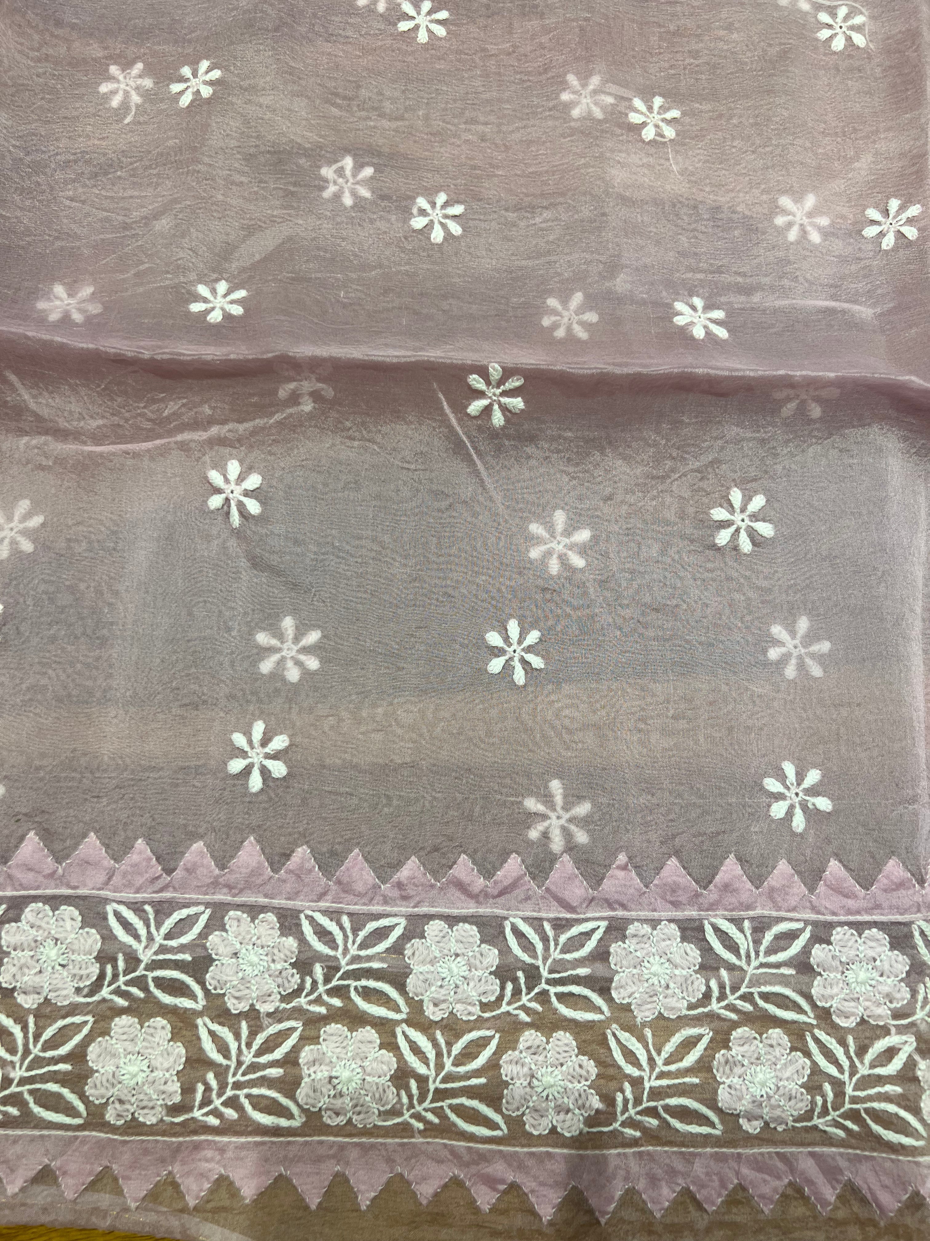 Lavender Organza Silk Chikankari Saree and Blouse