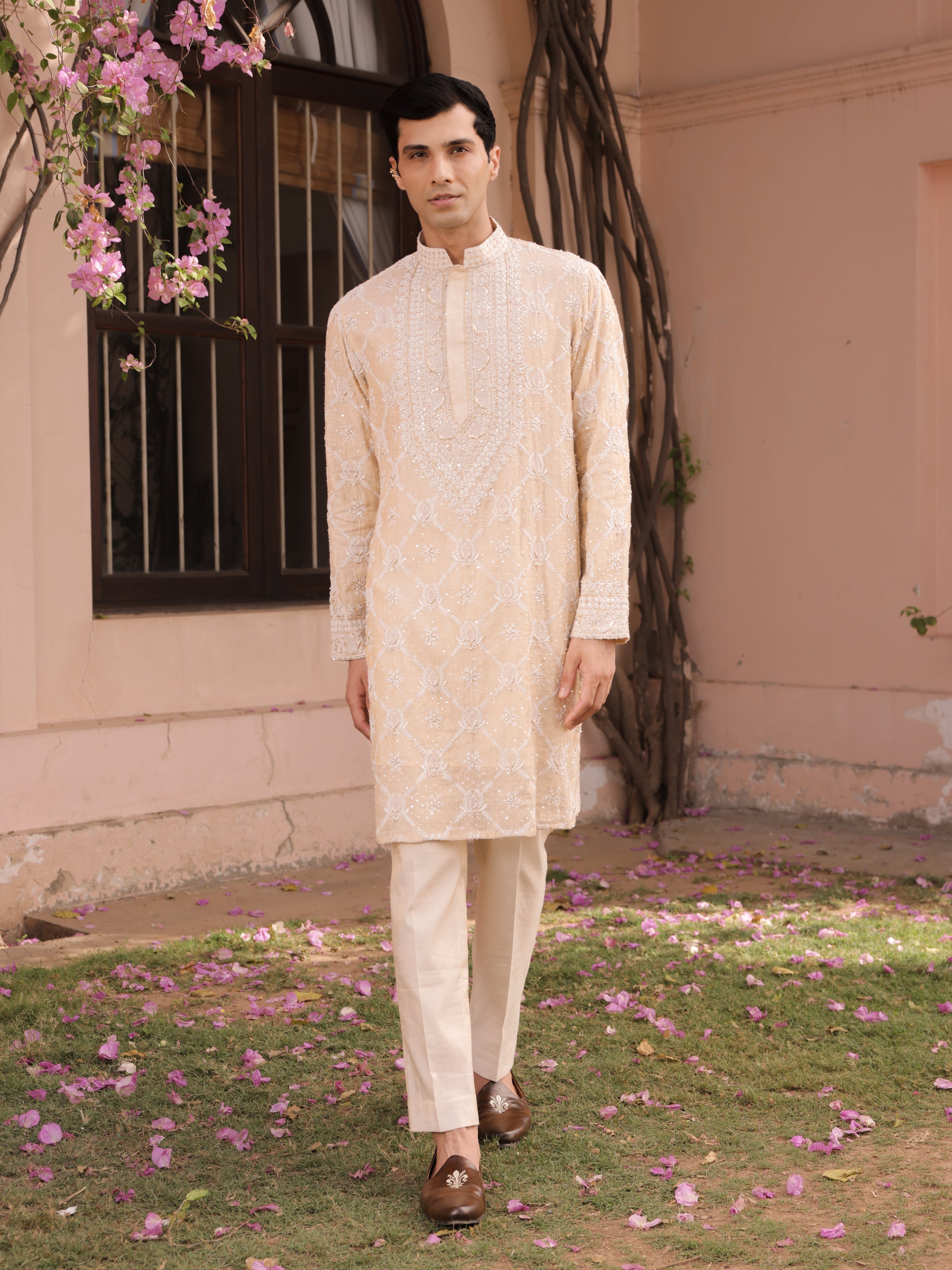 Dyeable Gold Tissue Chikankari Men's Kurta - Pleats PleaseChikankari