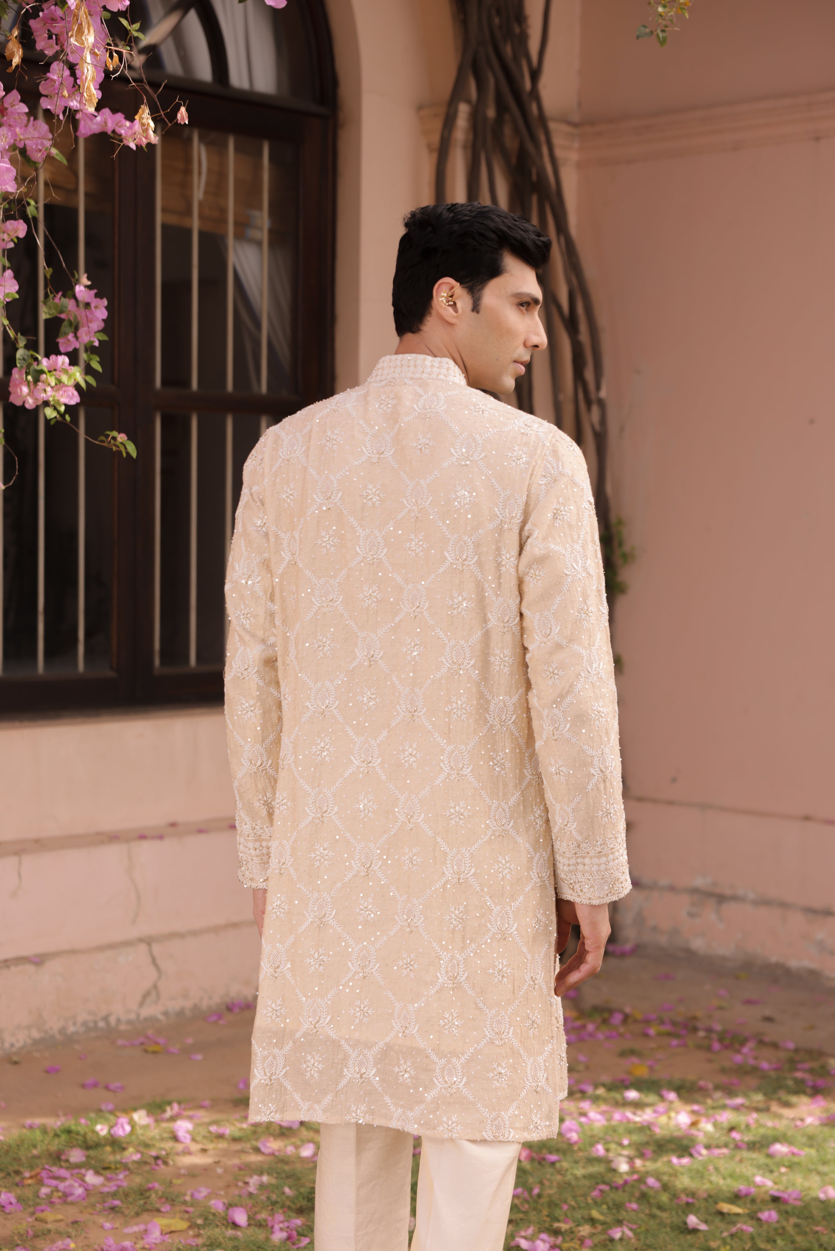 Dyeable Gold Tissue Chikankari Men's Kurta - Pleats PleaseChikankari