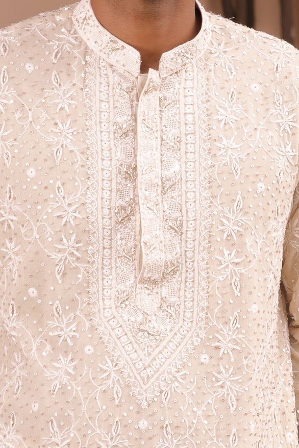 Ivory Pure & Premium Georgette Chikankari Men's  Kurta - Pleats PleaseChikankari