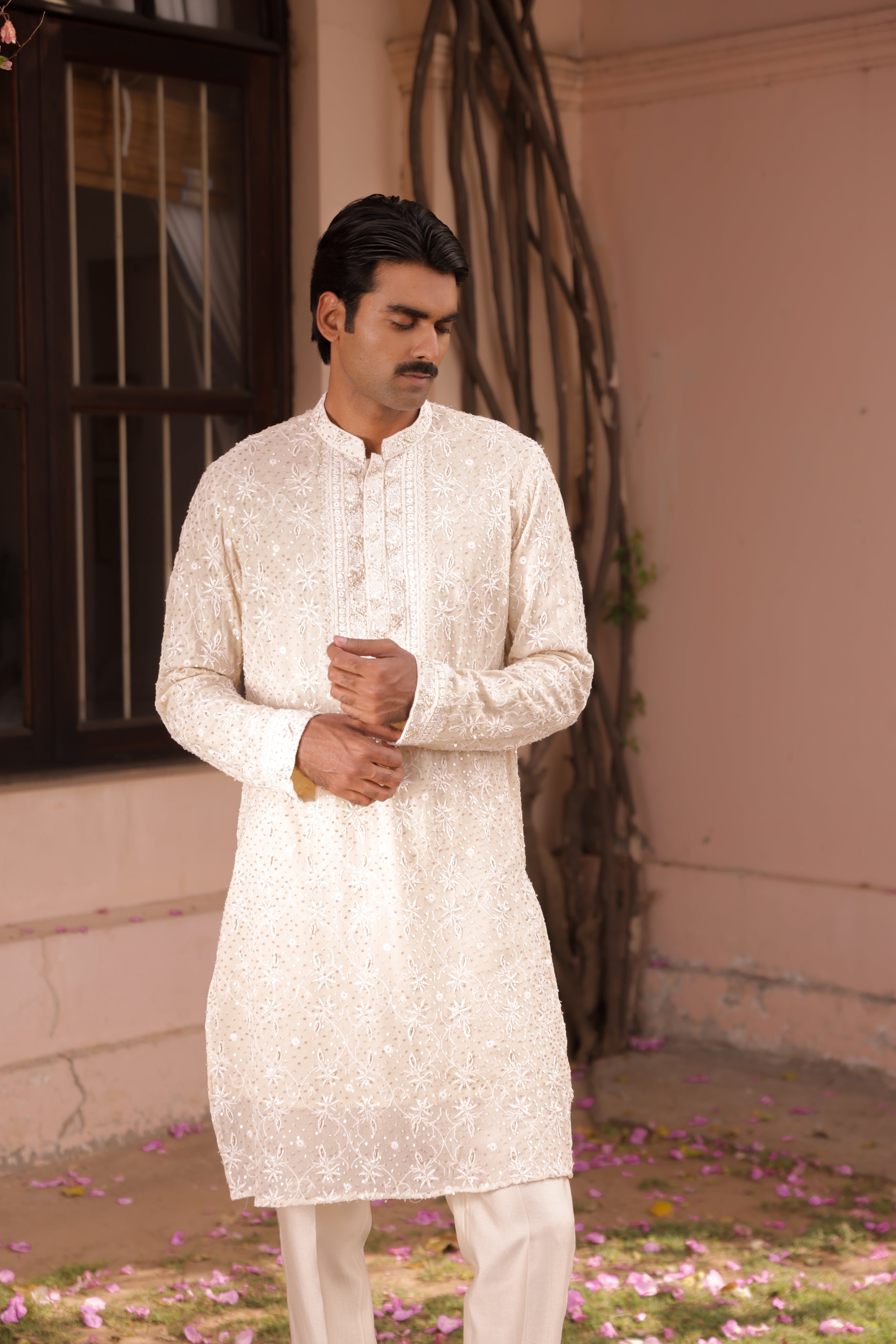 Ivory Pure & Premium Georgette Chikankari Men's  Kurta - Pleats PleaseChikankari