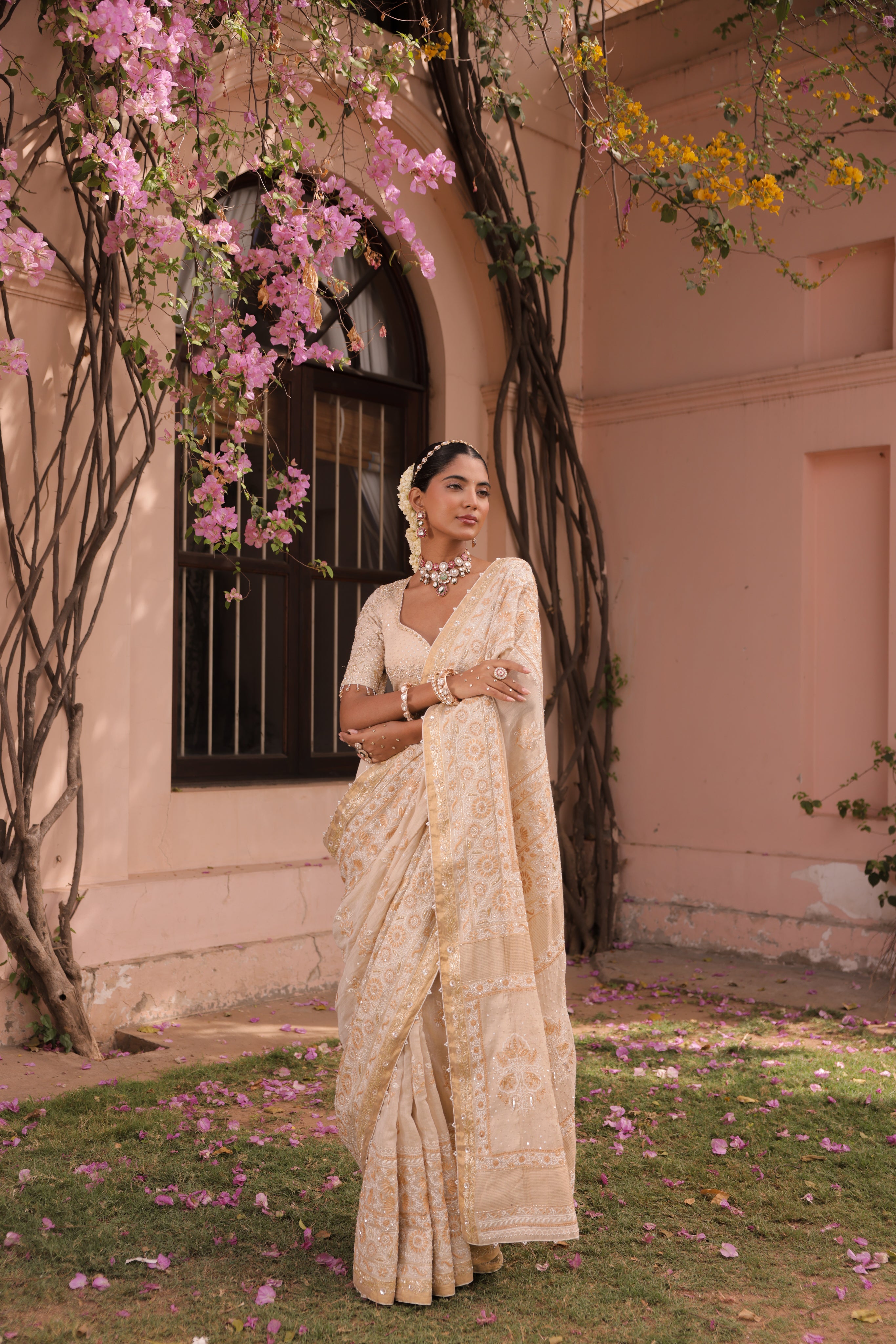Pure and Premium Gold Tissue Chikankari Saree and Blouse - Pleats PleaseChikankari