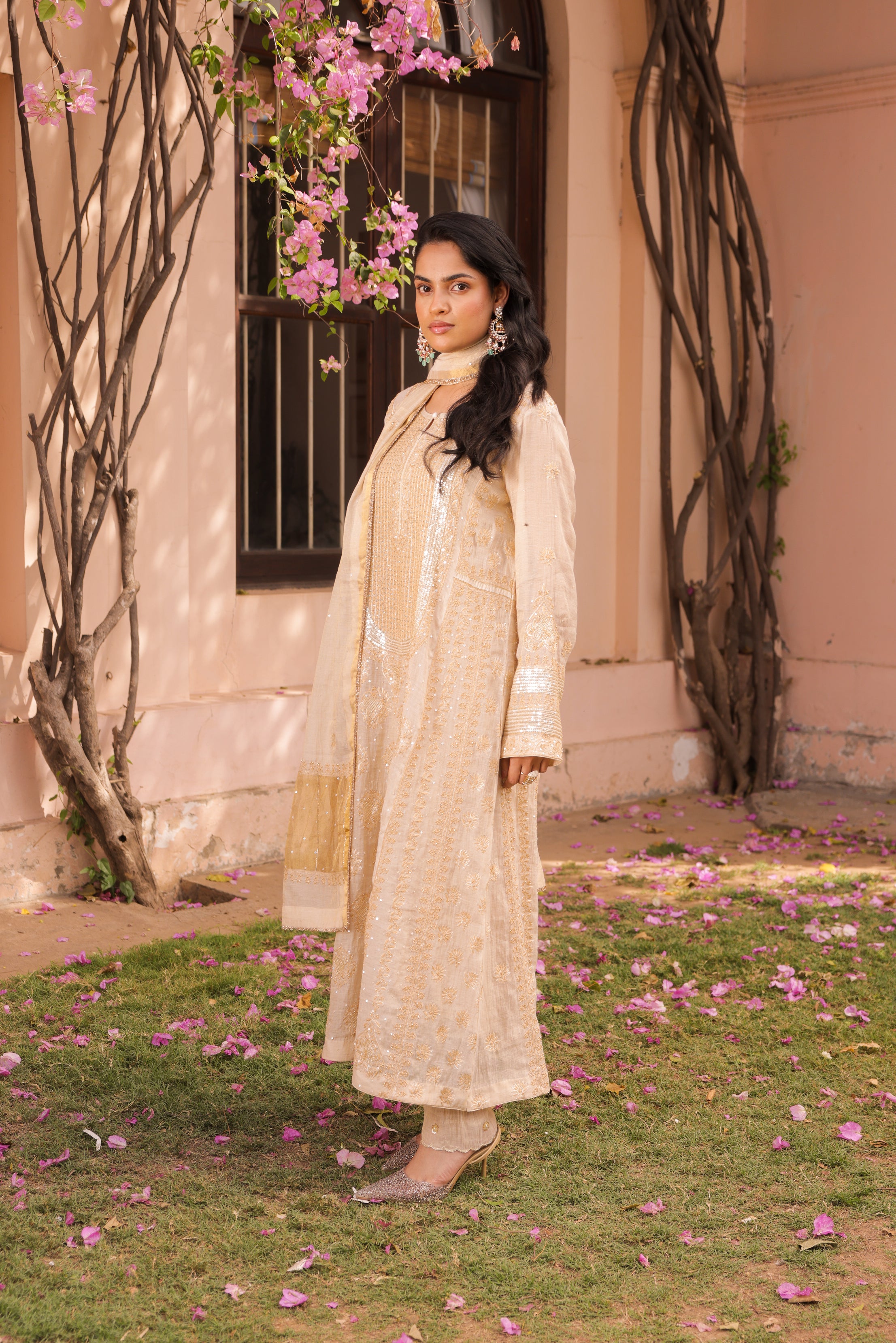 Dyeable Gold Tissue Chikankari Anarkali and Dupatta - Pleats PleaseChikankari