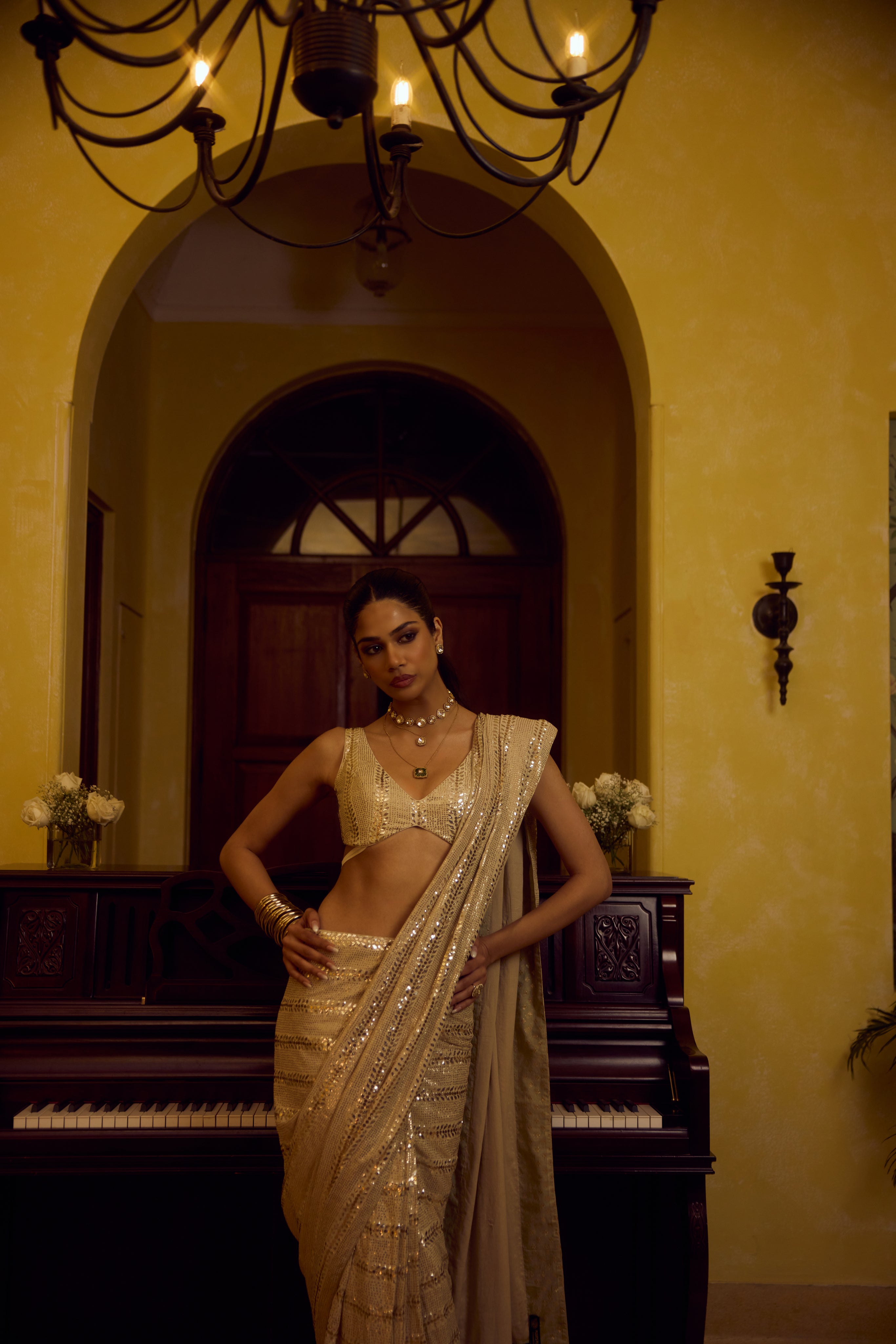 Celestial Shimmer: Pure & Premium Georgette Mukaish Saree