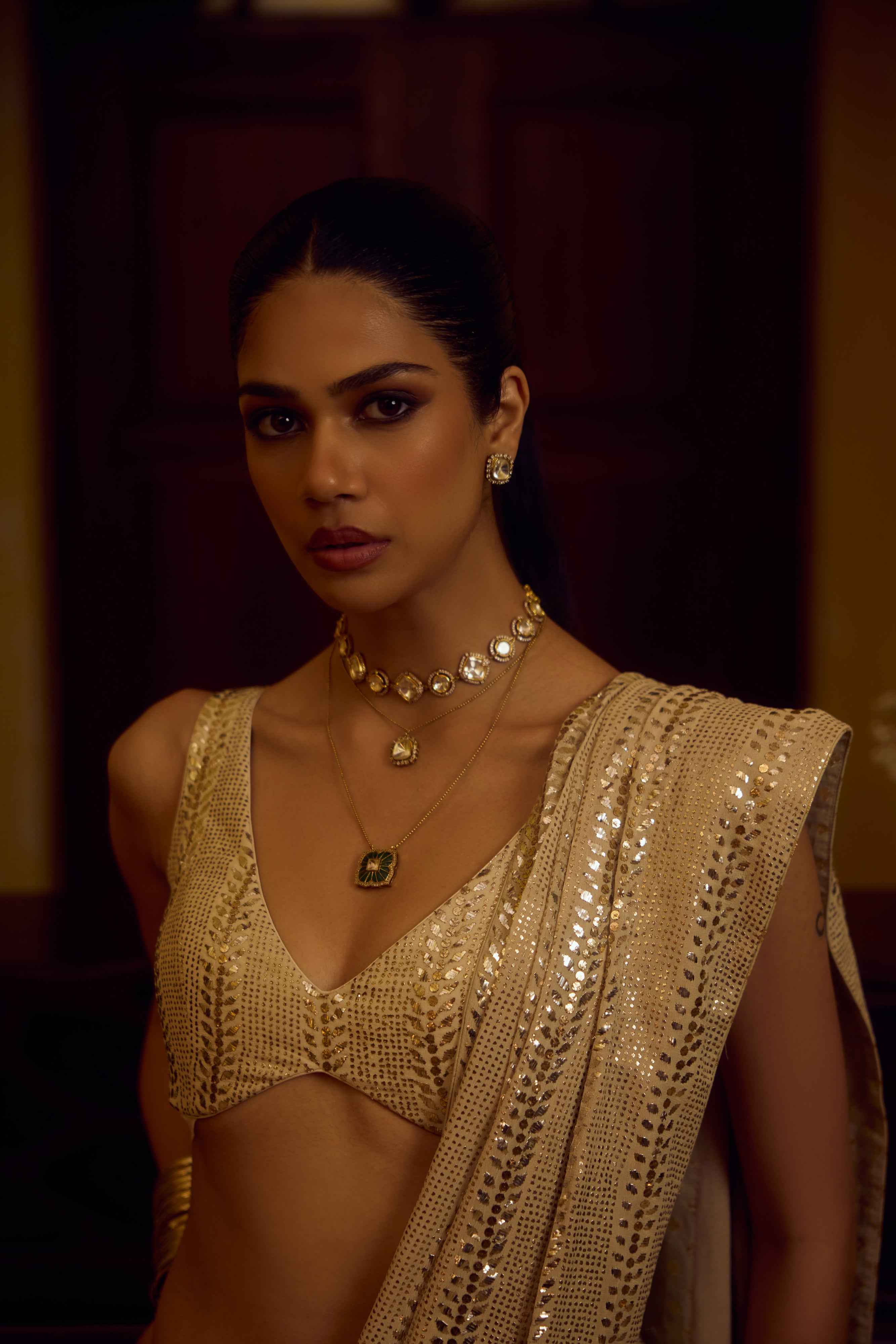 Celestial Shimmer: Pure & Premium Georgette Mukaish Saree