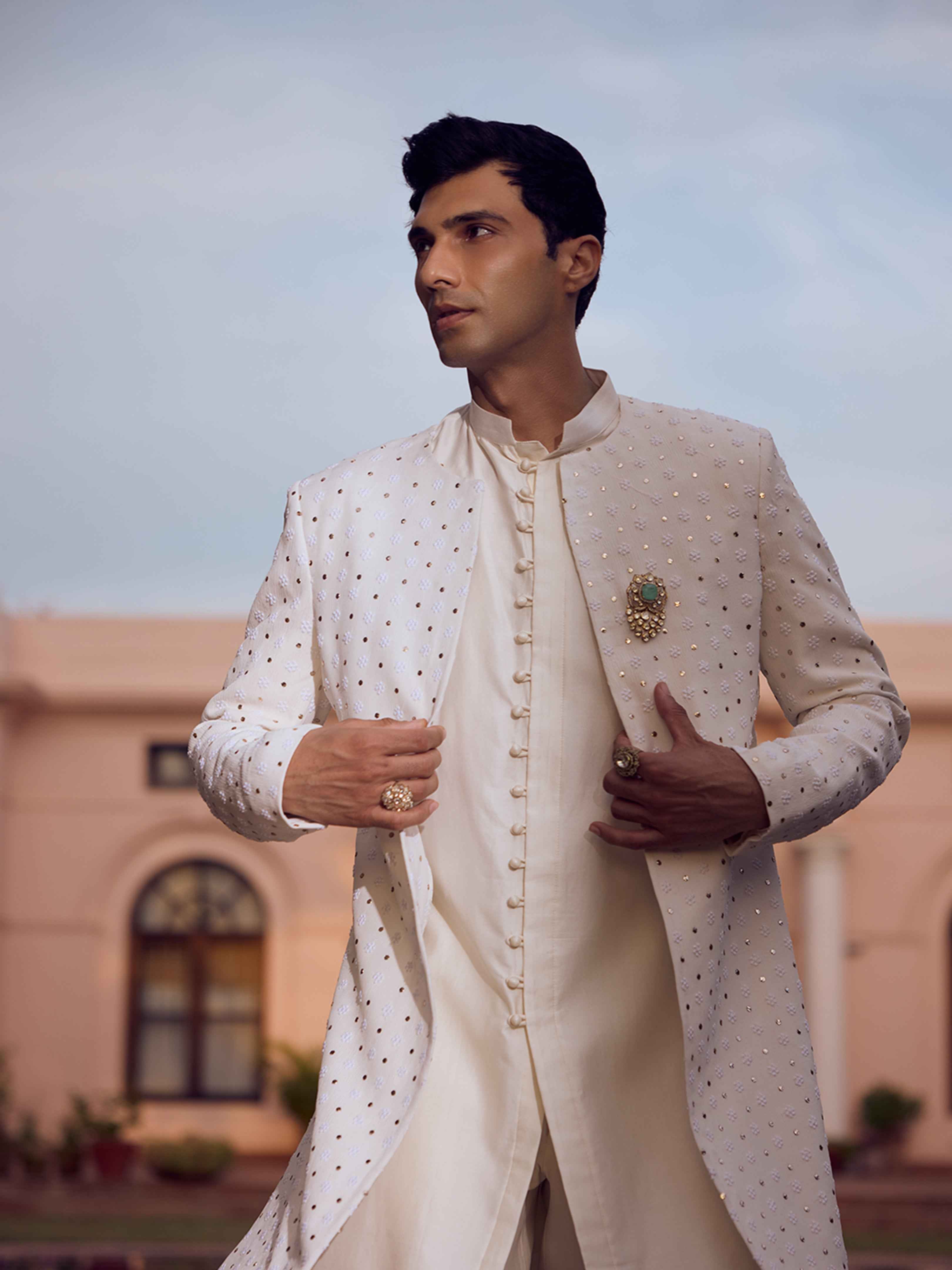 Ivory Pure & Premium Georgette Chikankari & Mukaish Indo Western Sherwani