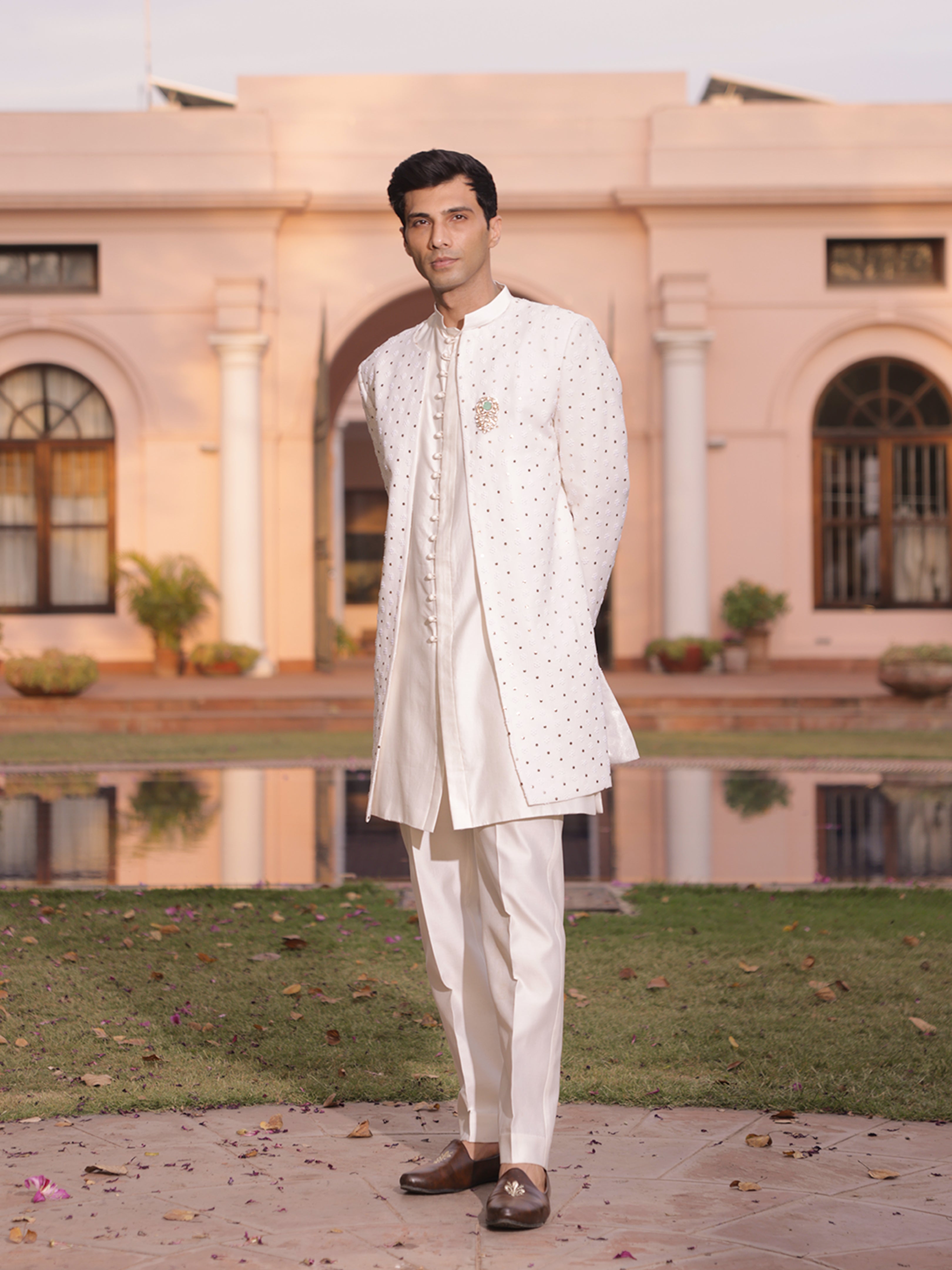 Ivory Pure & Premium Georgette Chikankari & Mukaish Indo Western Sherwani
