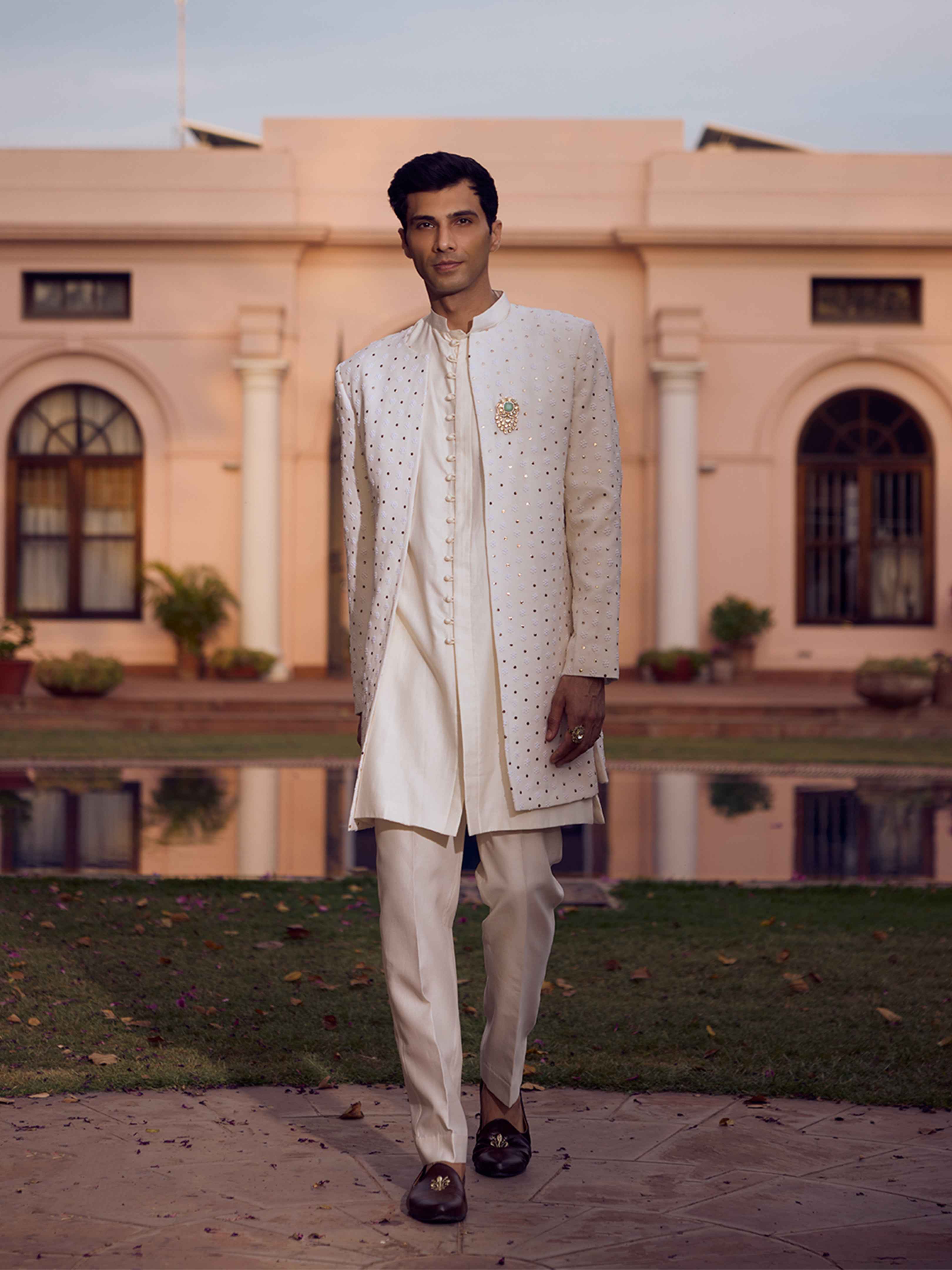 Ivory Pure & Premium Georgette Chikankari & Mukaish Indo Western Sherwani