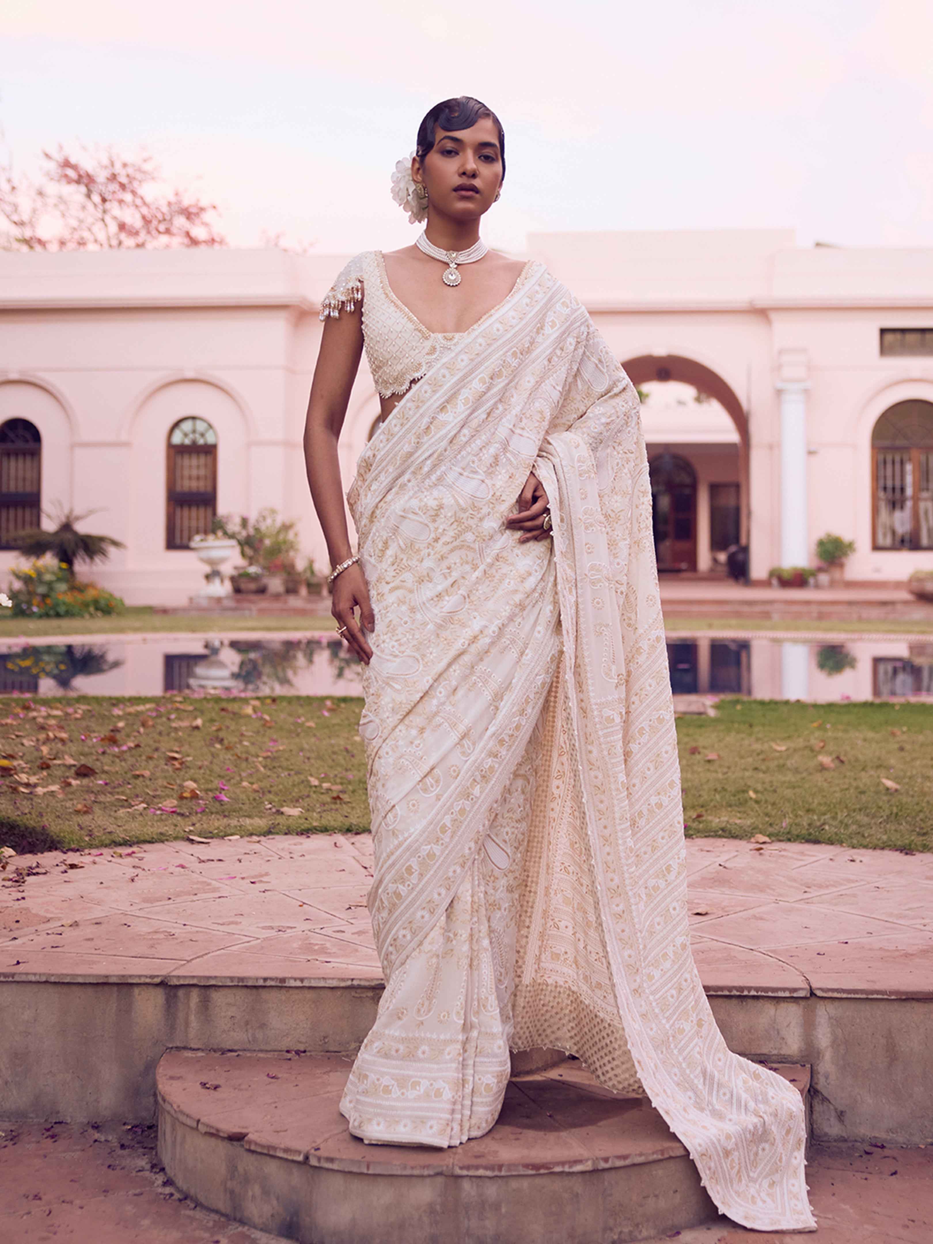 Ivory Pure & Premium Georgette Chikankari Saree and Blouse