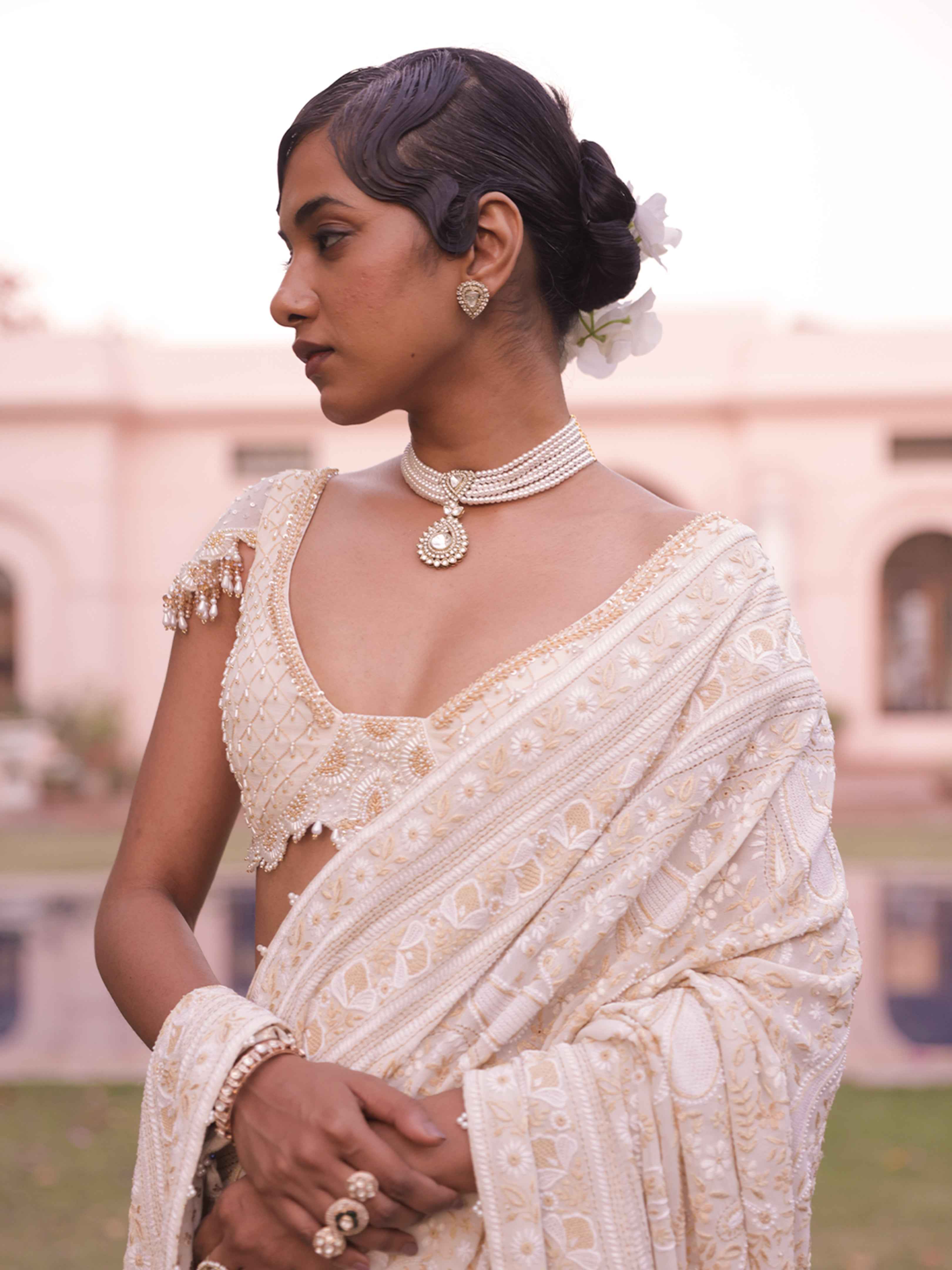 Ivory Pure & Premium Georgette Chikankari Saree and Blouse