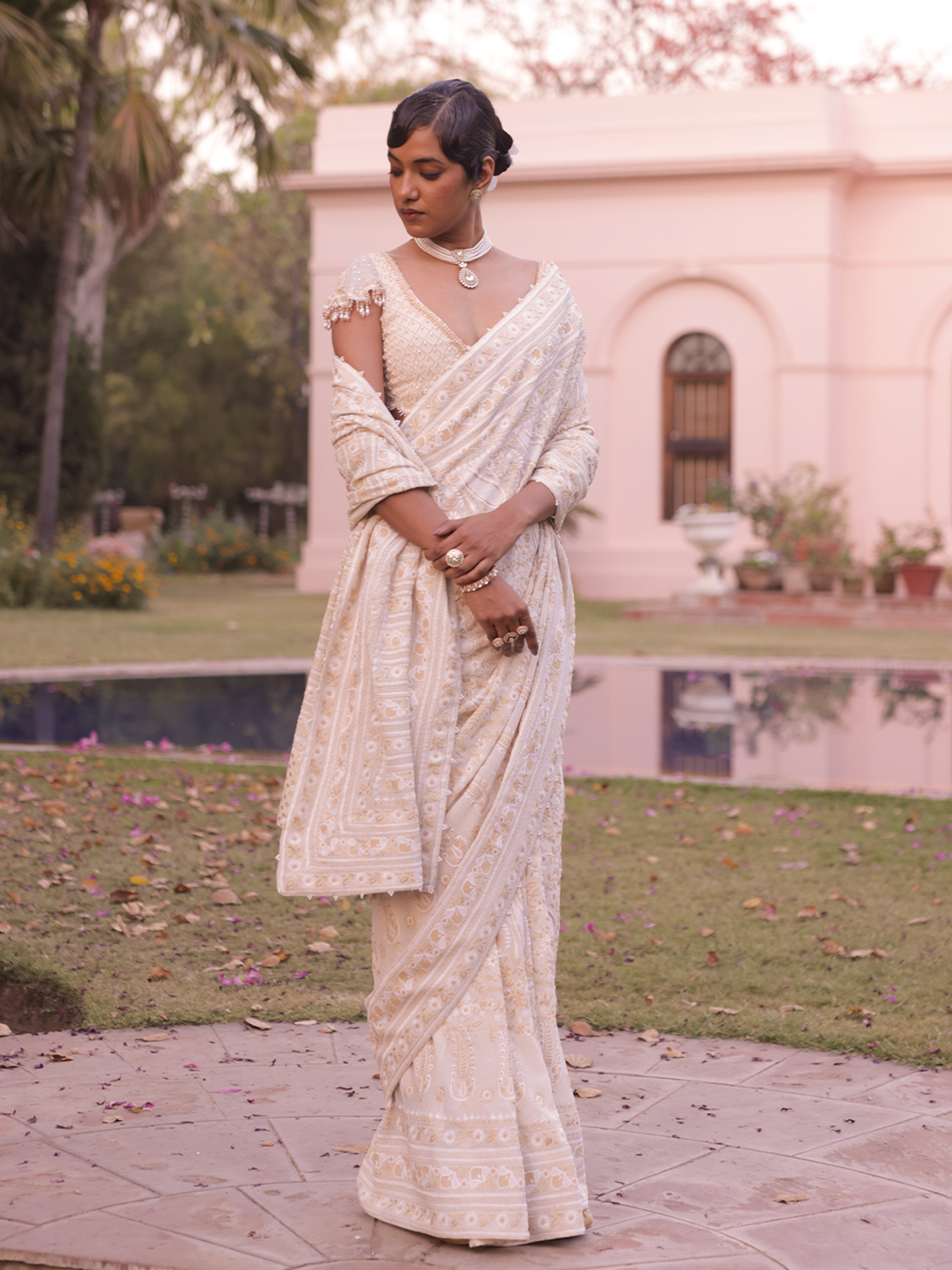 Ivory Pure & Premium Georgette Chikankari Saree and Blouse