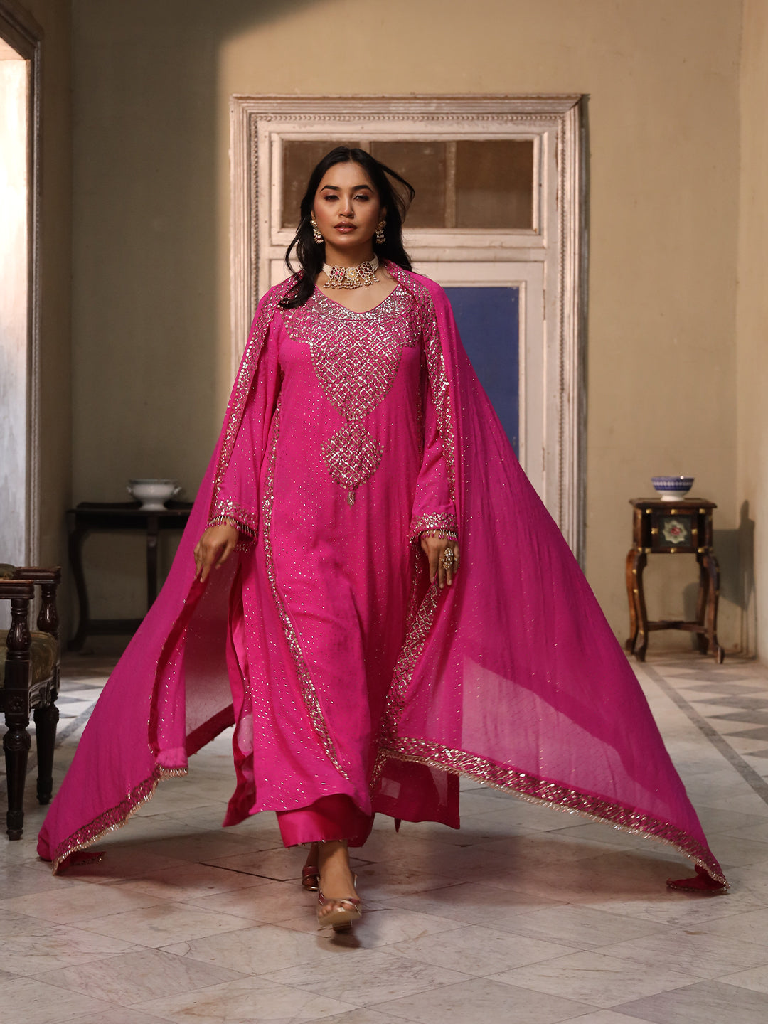 Fuscia Pink Pure & Premium Chiffon Mukaish Kurta Set