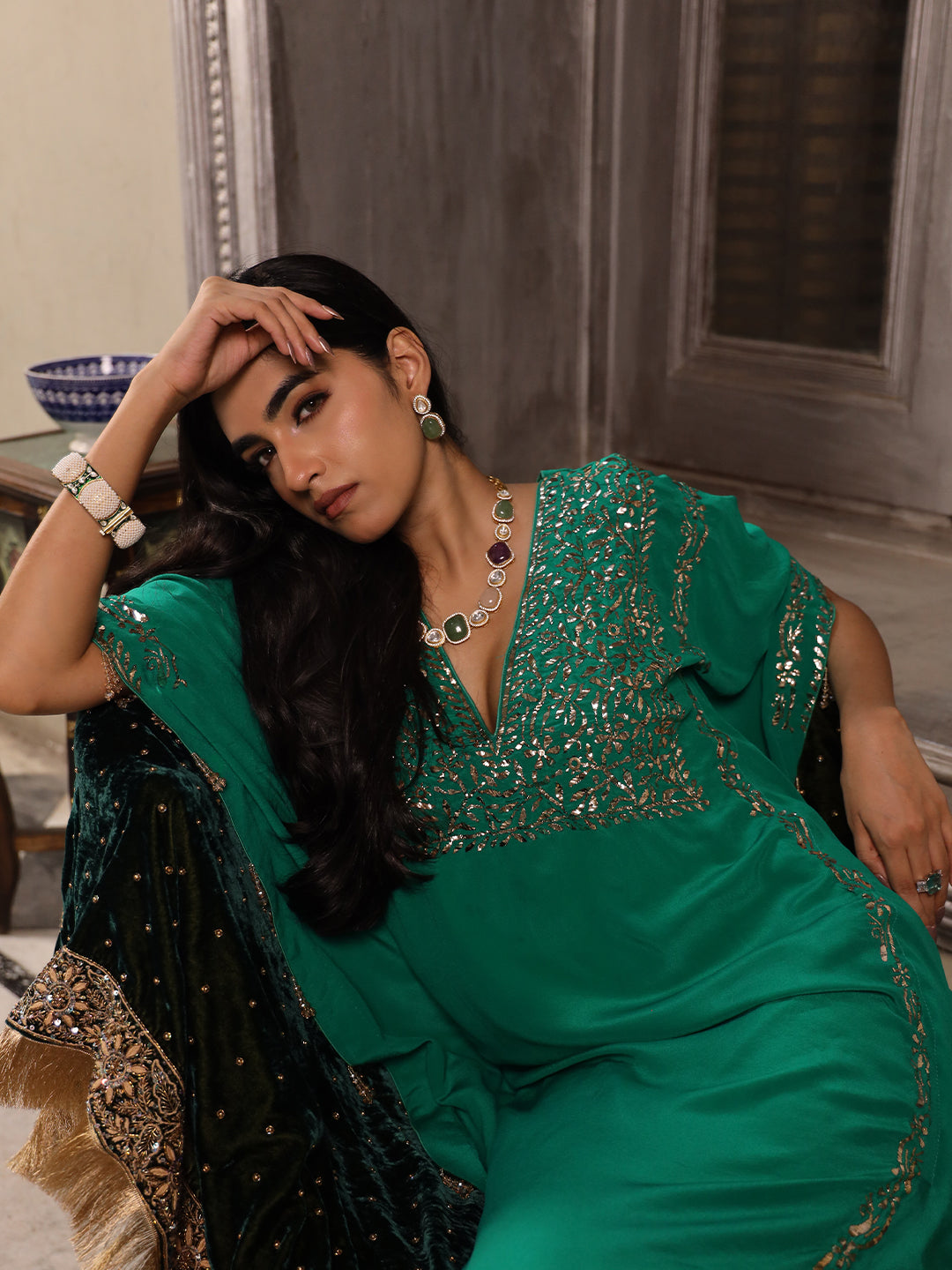 Jade Green Pure & Premium Silk Mukaish Kaftan Dress
