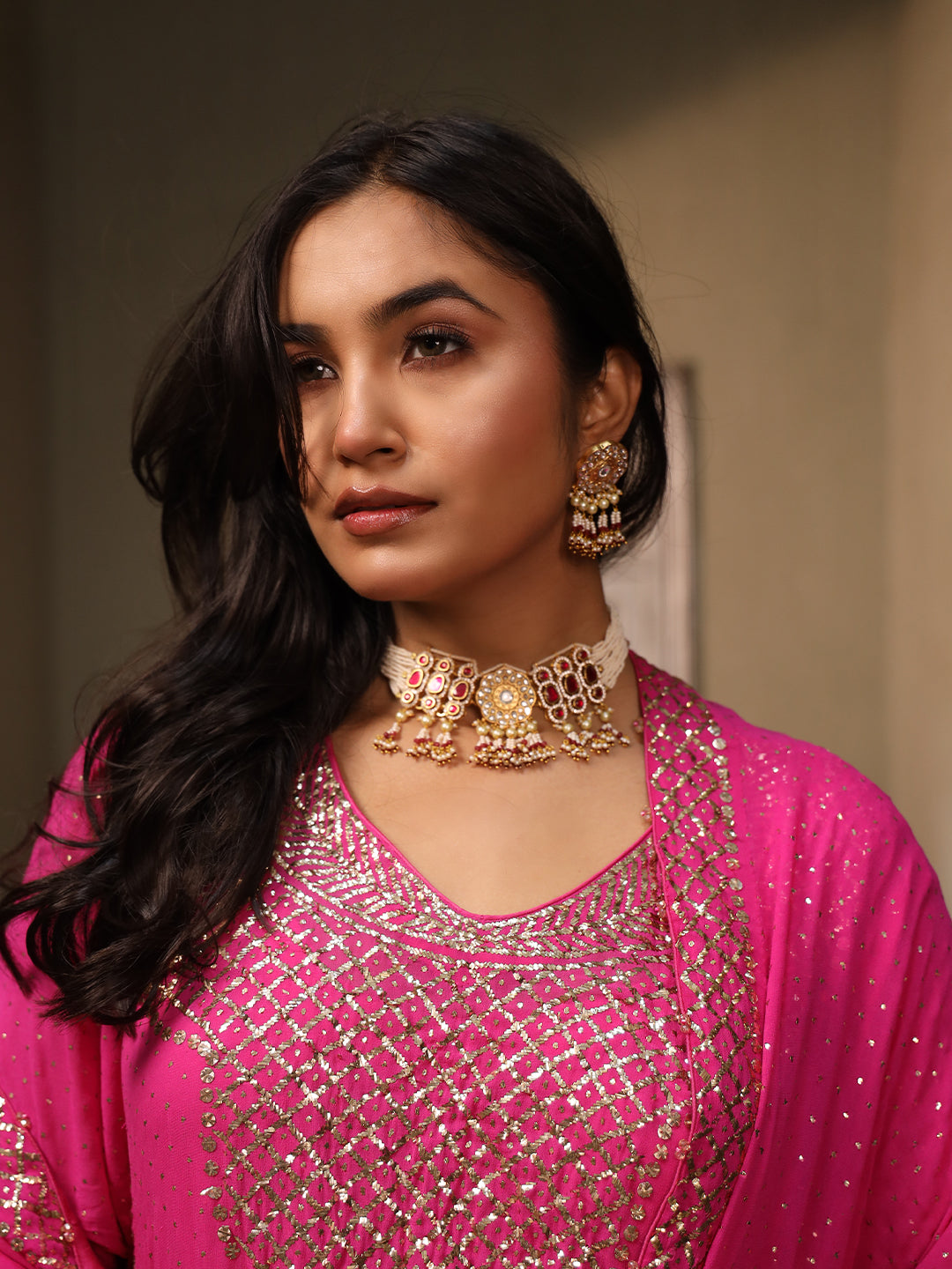 Fuscia Pink Pure & Premium Chiffon Mukaish Kurta Set
