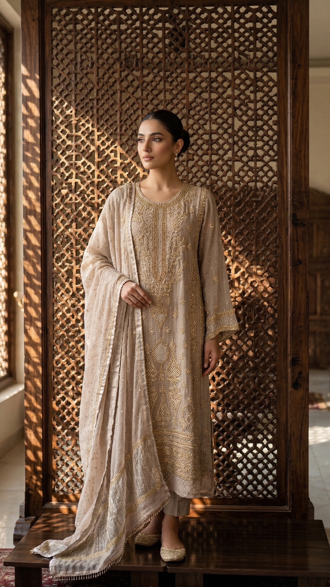 Rosewood Taupe Pure & Premium Tissue Chikankari Kurta & Dupatta
