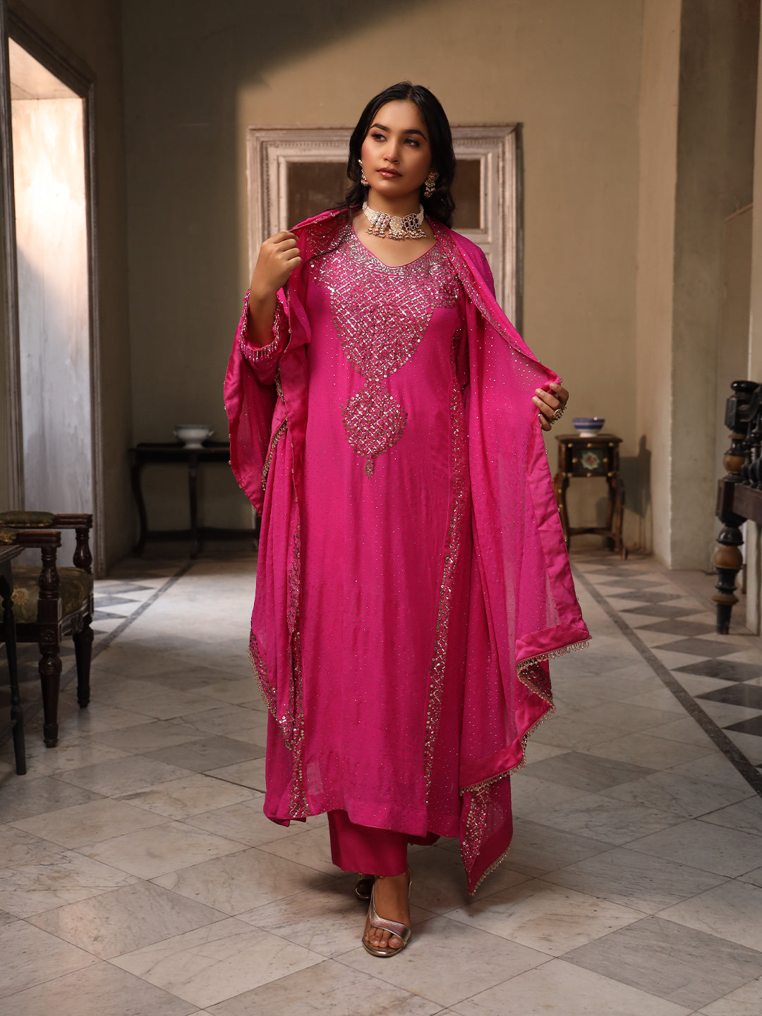 Fuscia Pink Pure & Premium Chiffon Mukaish Kurta Set