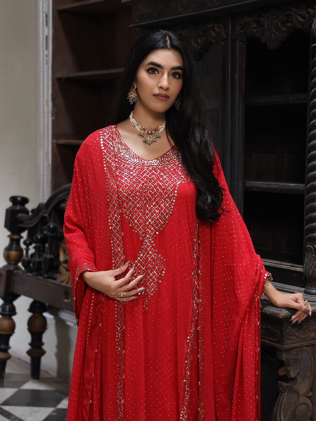 Red Pure & Premium Chiffon Mukaish Kurta Set