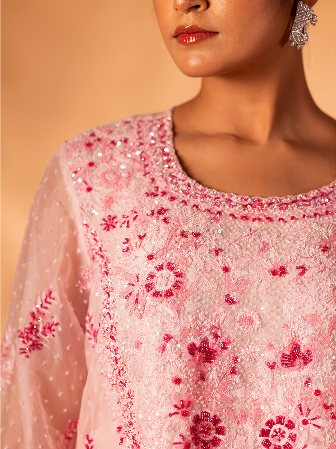 Baby Pink Organza Chikankari A-Line Kurta & Dupatta