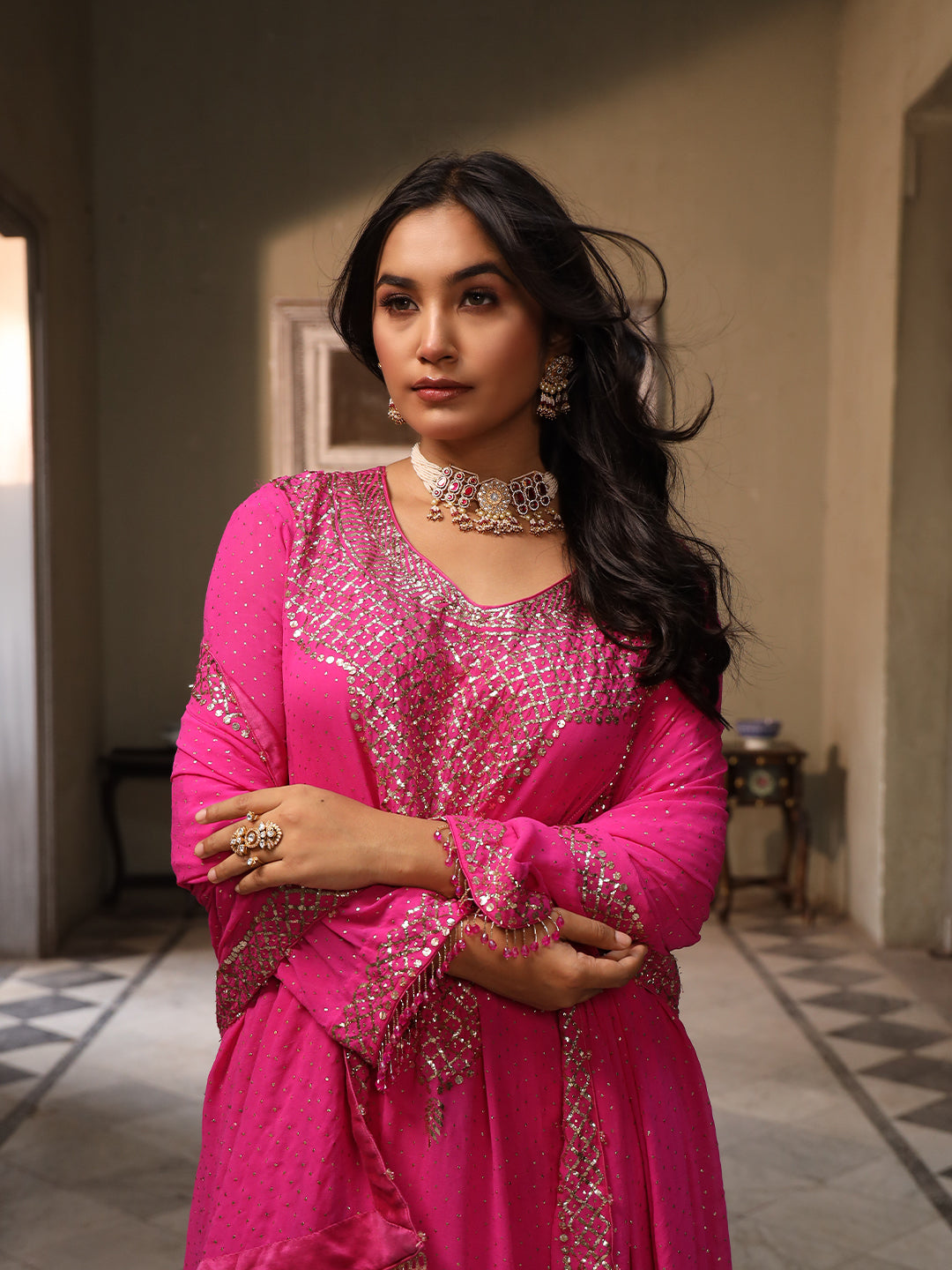 Fuscia Pink Pure & Premium Chiffon Mukaish Kurta Set