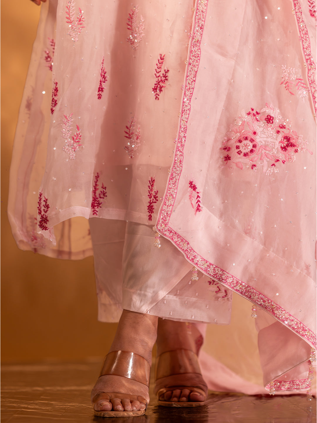 Baby Pink Organza Chikankari A-Line Kurta & Dupatta
