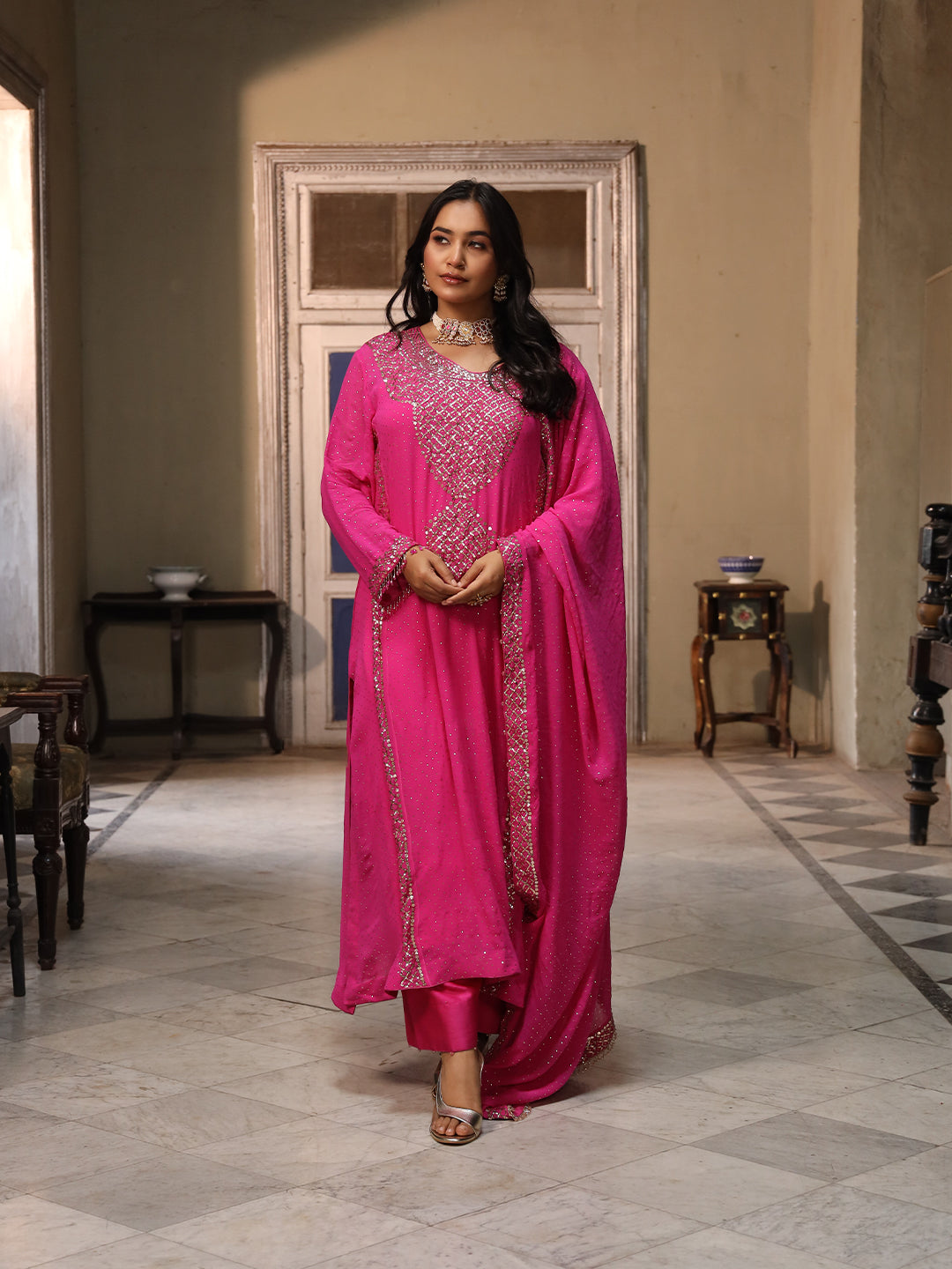 Fuscia Pink Pure & Premium Chiffon Mukaish Kurta Set