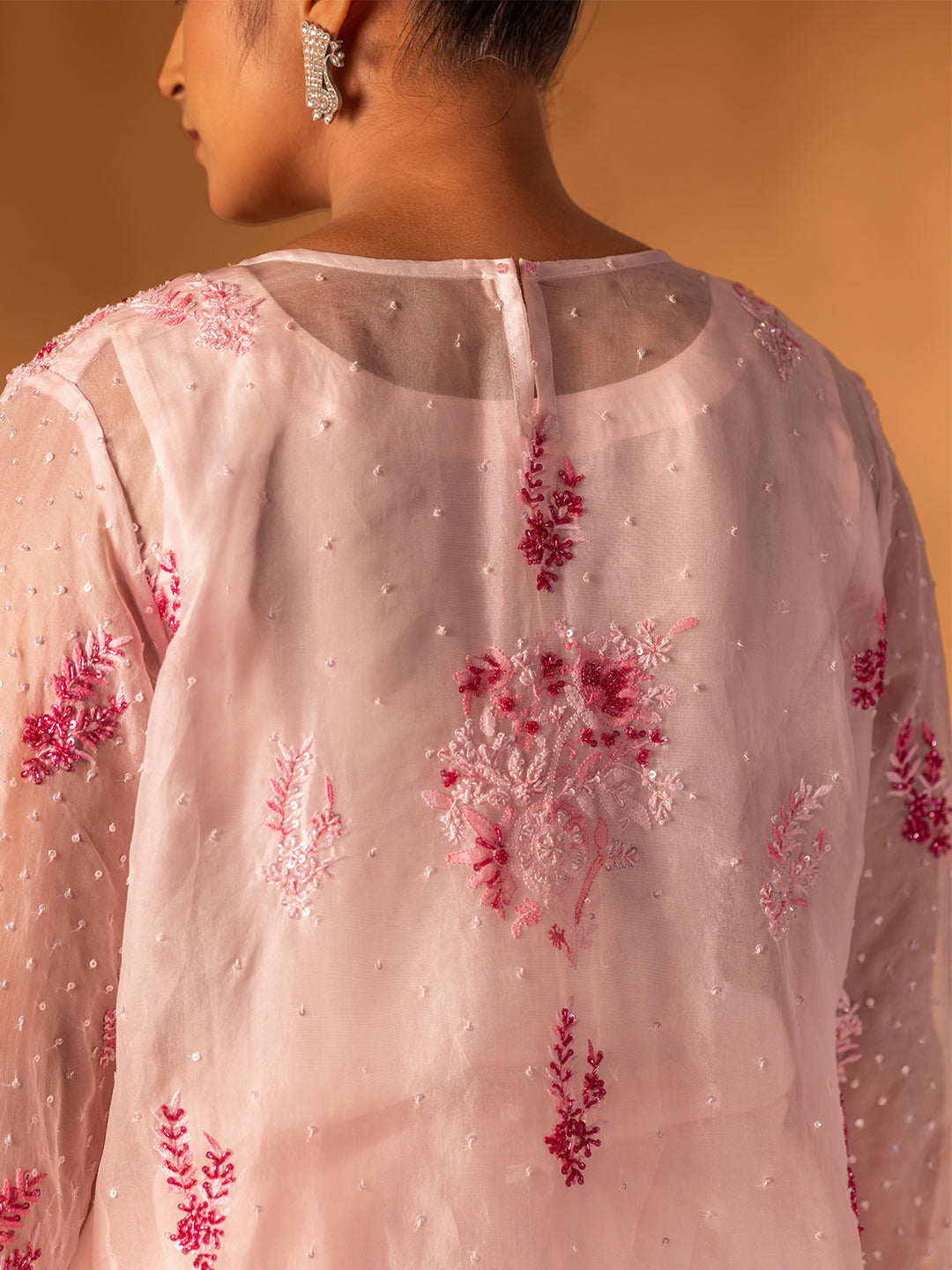 Baby Pink Organza Chikankari A-Line Kurta & Dupatta