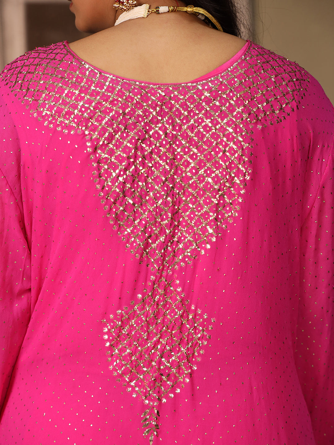 Fuscia Pink Pure & Premium Chiffon Mukaish Kurta Set