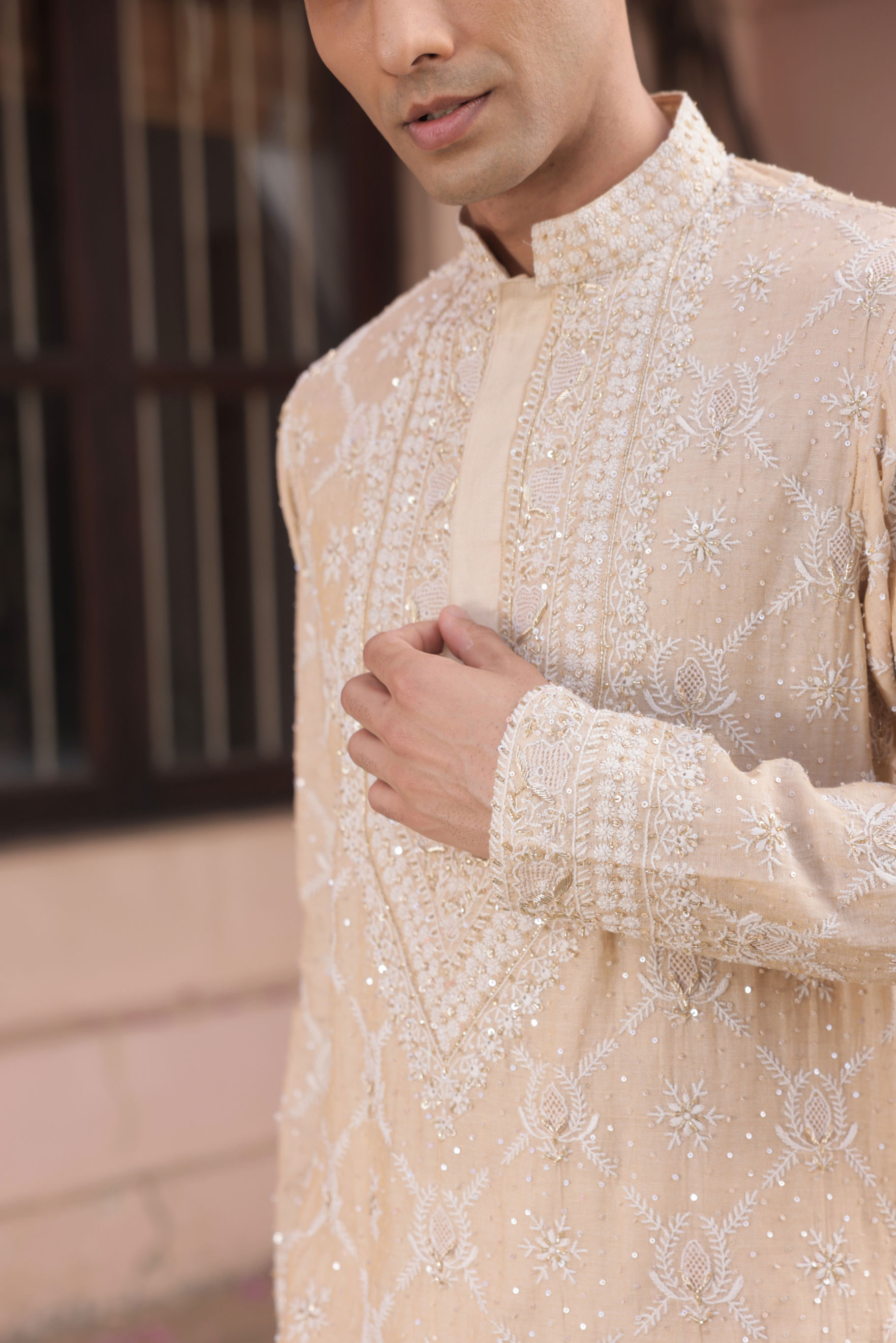 Dyeable Gold Tissue Chikankari Men's Kurta