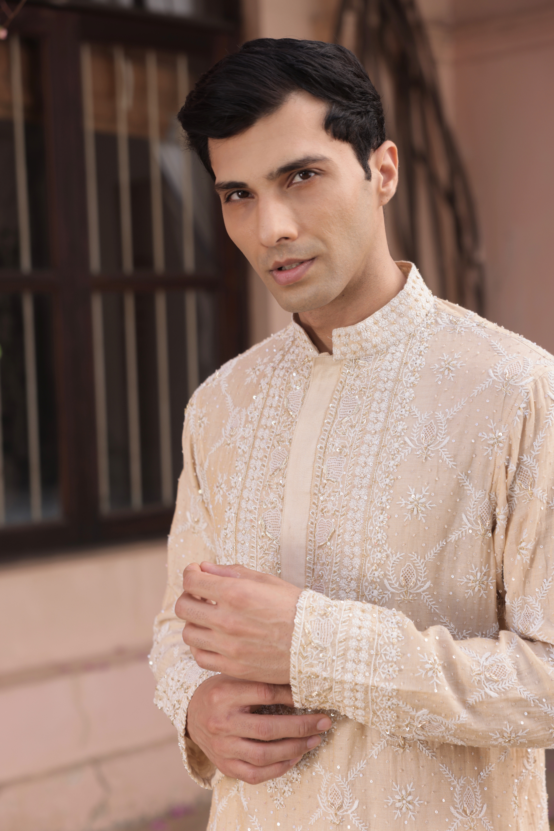 Dyeable Gold Tissue Chikankari Men's Kurta